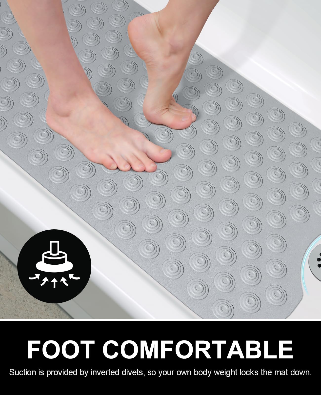 OTHWAY No Suction Cup Bath Mat: 39x16inch Extra Long Bathmat│Perfect for Refinished Bathtub Mat│Made of Nature Rubber│a Blessing for The Elderly and Children (Grey)