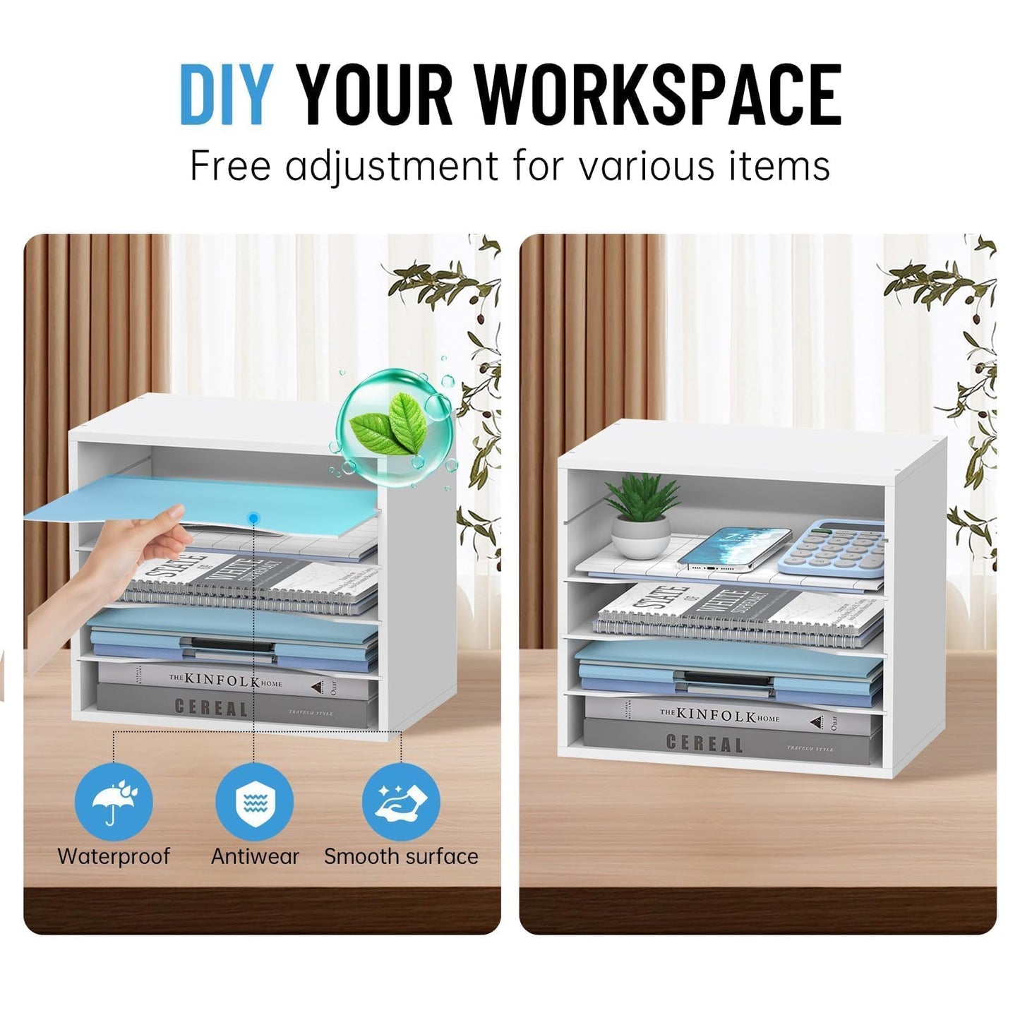 SHARKWOODS 5-Tier Wood Desk Organizer, Paper Sorter for Desktop with Adjustable Storage Shelves, Desktop Mail Holder for Office Home Classroom, White