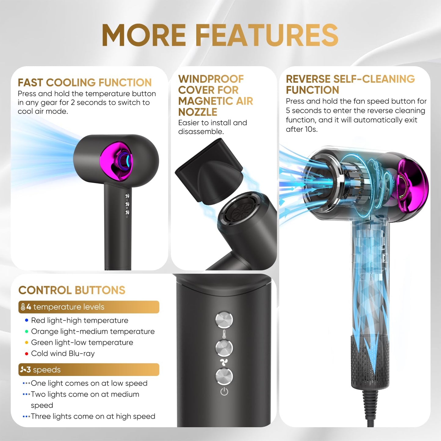 Vatsekui Hair Dryer, 16000 RPM Brushless Motor, Negative Ionic Blow Dryer for Fast Drying, Low Noise Thermo-Control Hair-Dryer-with-Diffuser and Nozzle (Pastel purple)