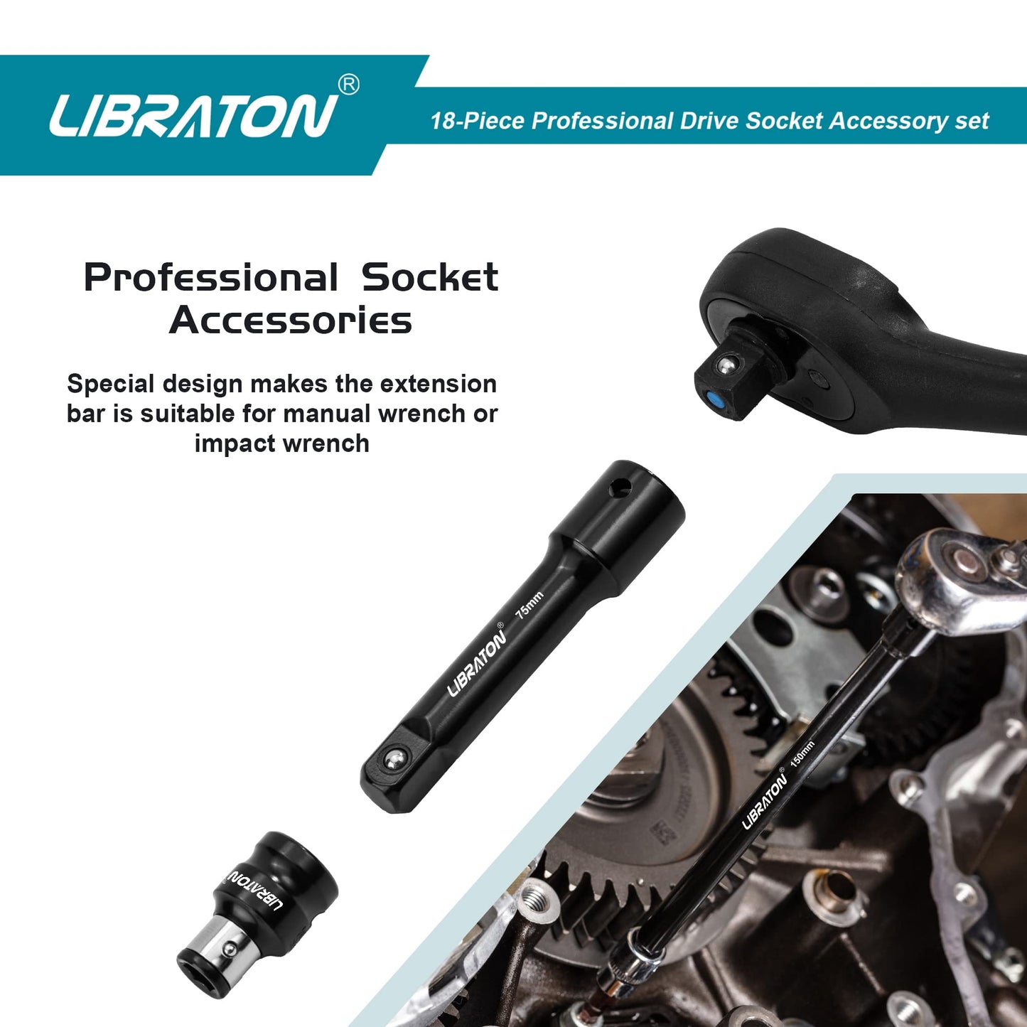 Libraton Socket Extension Set, Ratchet Extension Set, Extension Set 18PCs, Impact Extension Set, Socket Adapters, Swivel Sockets, Professional Drive Socket Accessories, 1/4 3/8 1/2