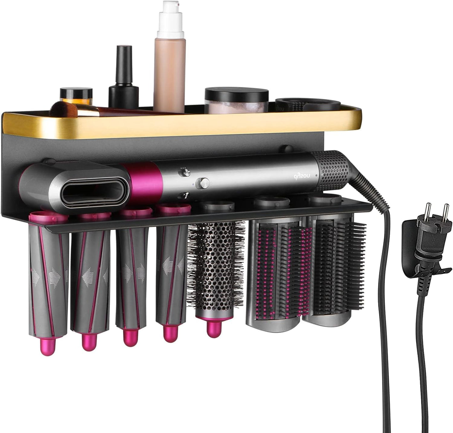Hair Dryer Holder Wall Mount for Dyson, Hairdryer Holder Station No Drill for Dyson Airwrap Stand Hair Tool Organizer with Adhesive for Bedroom Bathroom (Gold Black,Not Compatible with Dyson HS09)