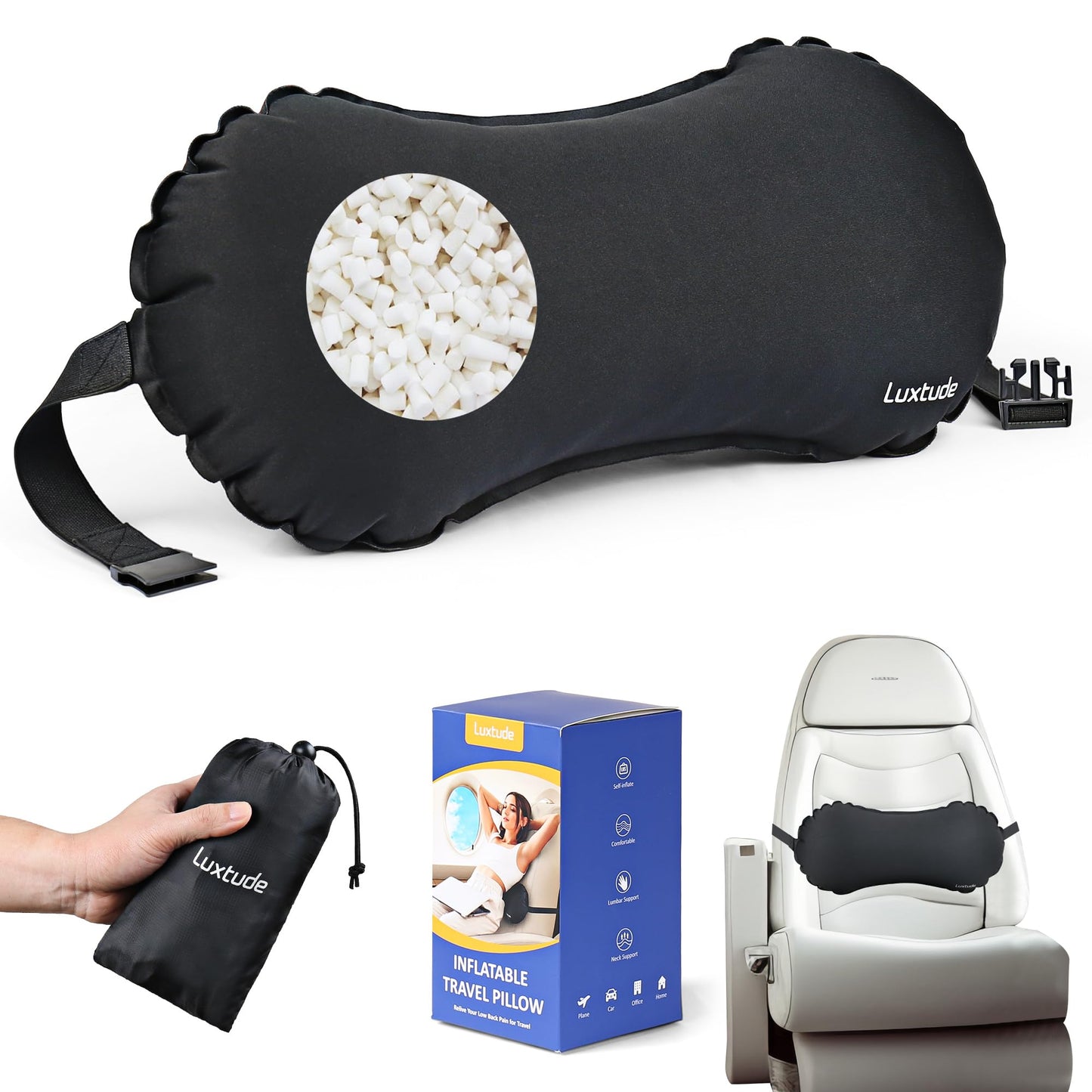 Luxtude Inflatable Lumbar Pillow for Airplane Travel, Lumbar Support Pillow for Office Chair/Car, Self-Inflating Travel Lumbar Pillow Back Support, Lower Back Pillow Reducing Lumbar Pain