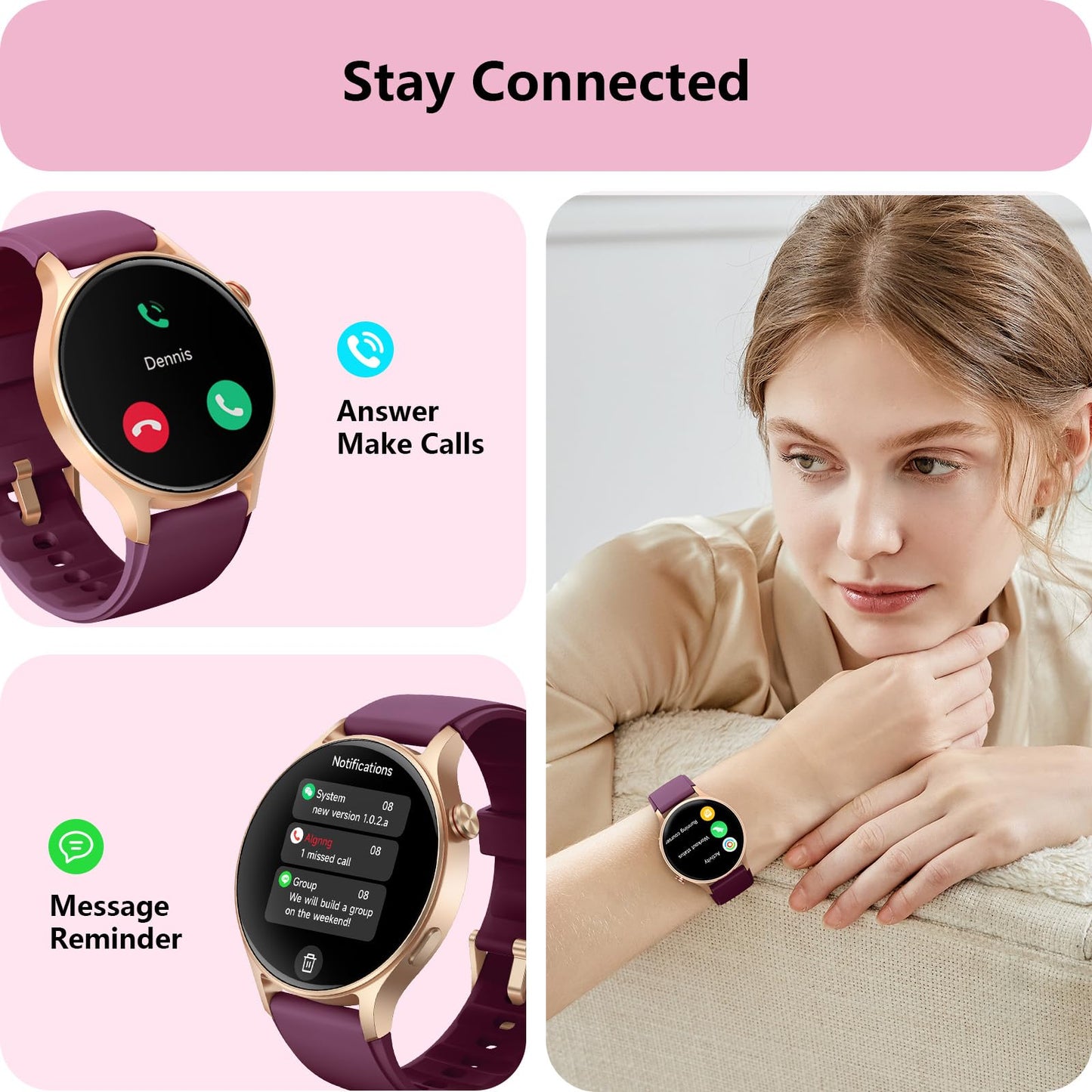 aeac Smart Watch for Women, AMOLED Ultra-Clear Screen Activity Trackers with Heart Rate/Sleep/SpO2 Monitor, Waterproof Fitness Smartwatch for iPhone/Samsung/Android（Deep Purple）