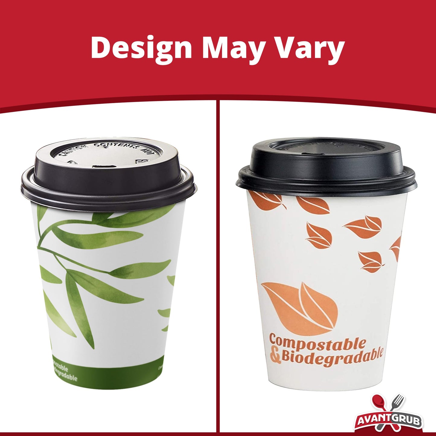Avant Grub Biodegradable & Compostable 12 Oz Paper Coffee Cups. 100 Pack. Medium Sized, PLA Lined Disposable Beverage Cups For Hot & Cold Drinks. For Shops, Kiosks, Concession Stands & More.