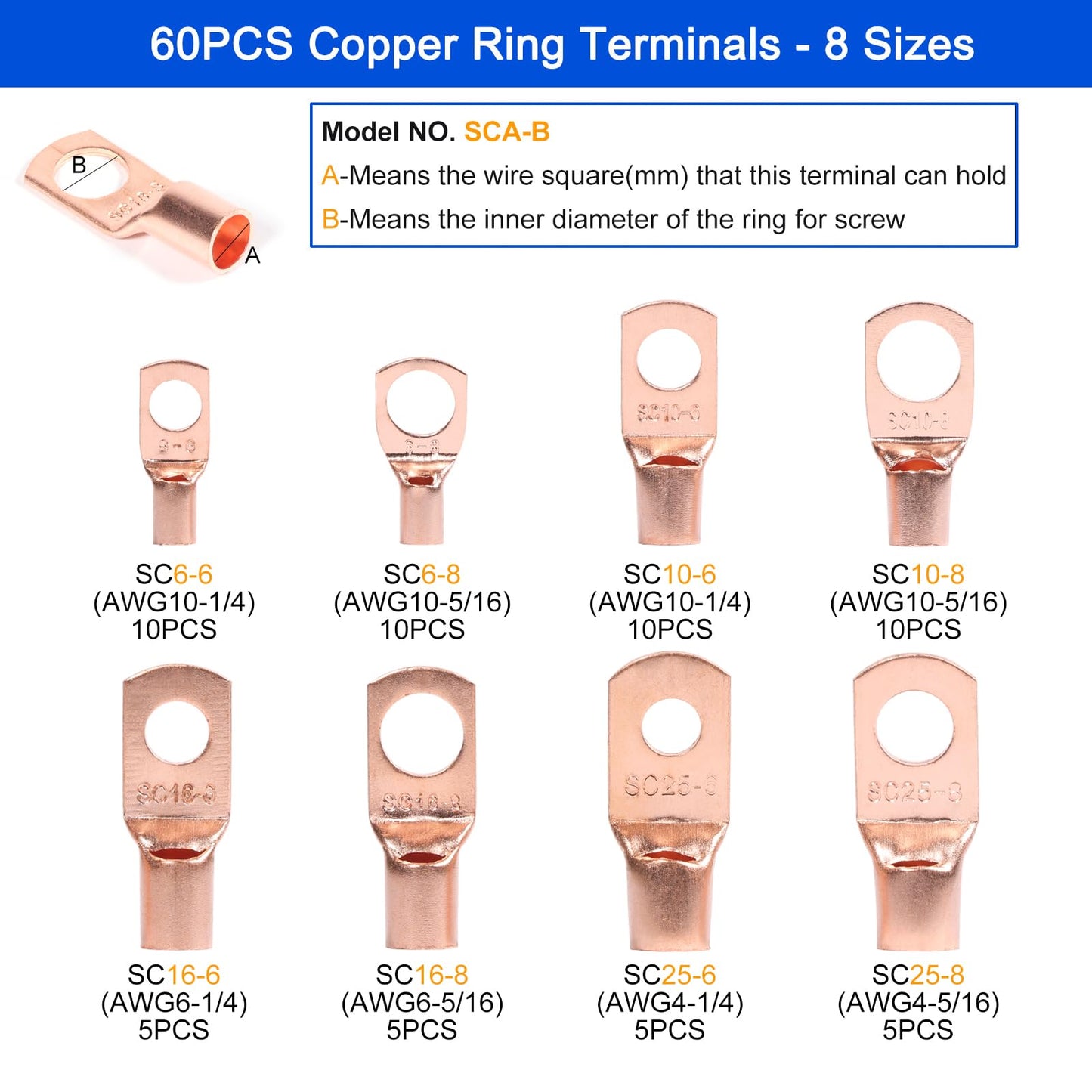 Brileine Battery Cable Crimping Tool 10-1 AWG with Heat Shrink Tubing Kit, 8 Sizes 60Pcs Copper Ring Terminals Battery Terminal Crimper Set for Heavy Duty Wire Lugs, Battery Cable Lug Crimping Tool