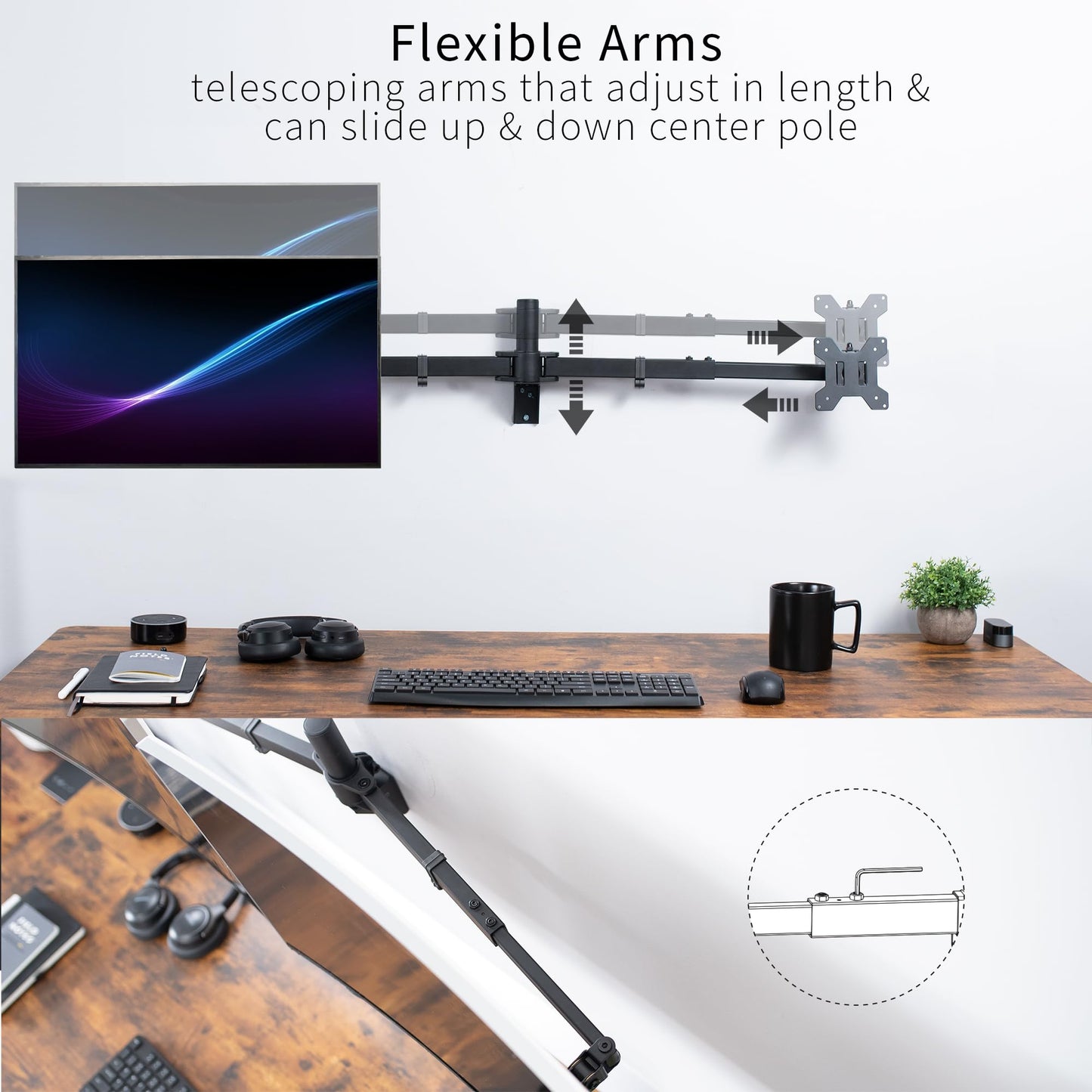 VIVO Premium Dual Ultra Wide LCD LED 27 to 38 inch Monitor Wall Mount, Heavy Duty, Telescoping Arms, Flush Wall Setup, Fits 2 Screens, Black, MOUNT-TS38B