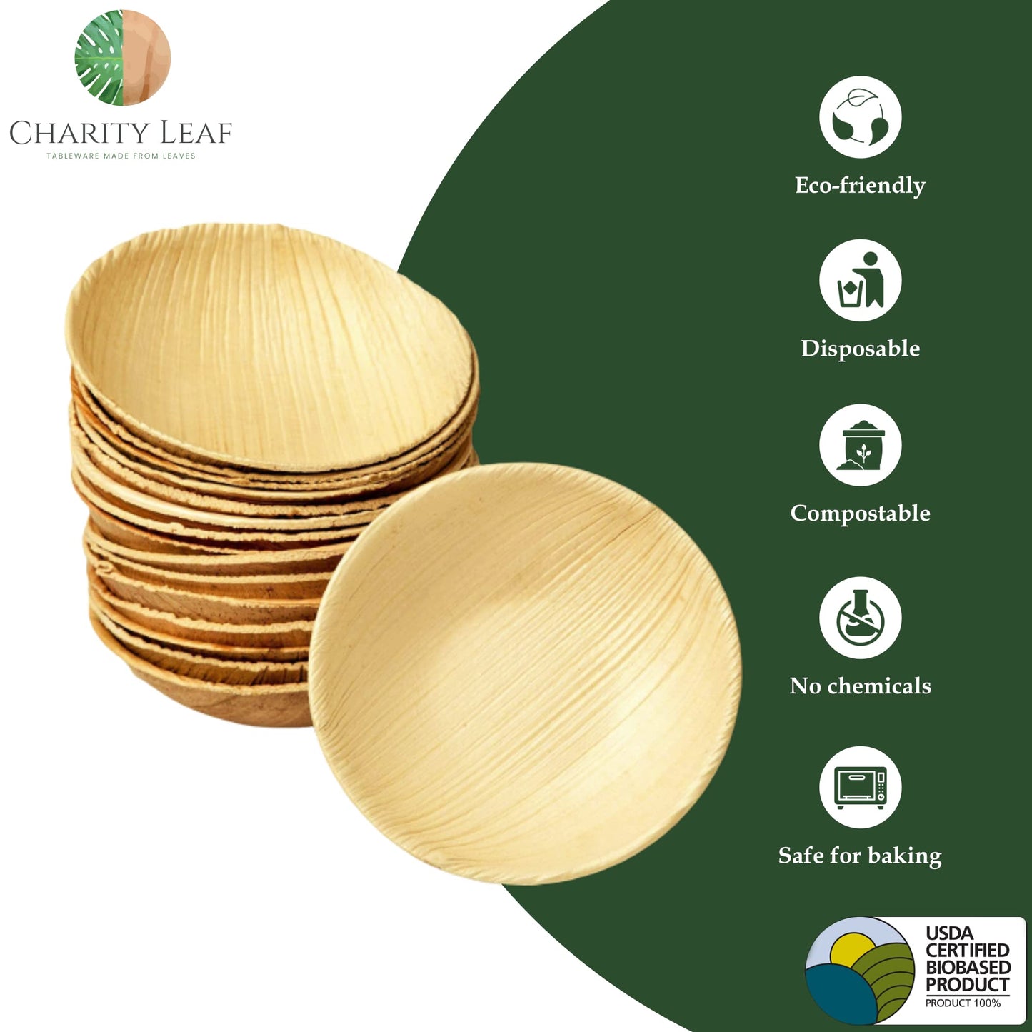 Charity Leaf Disposable Palm Leaf Like Bamboo Round Mini Bowl | All Natural and Biodegradable | Charcuterie Boards, BBQs, and Parties | Pack of 100 Bowls (100, 3.5)