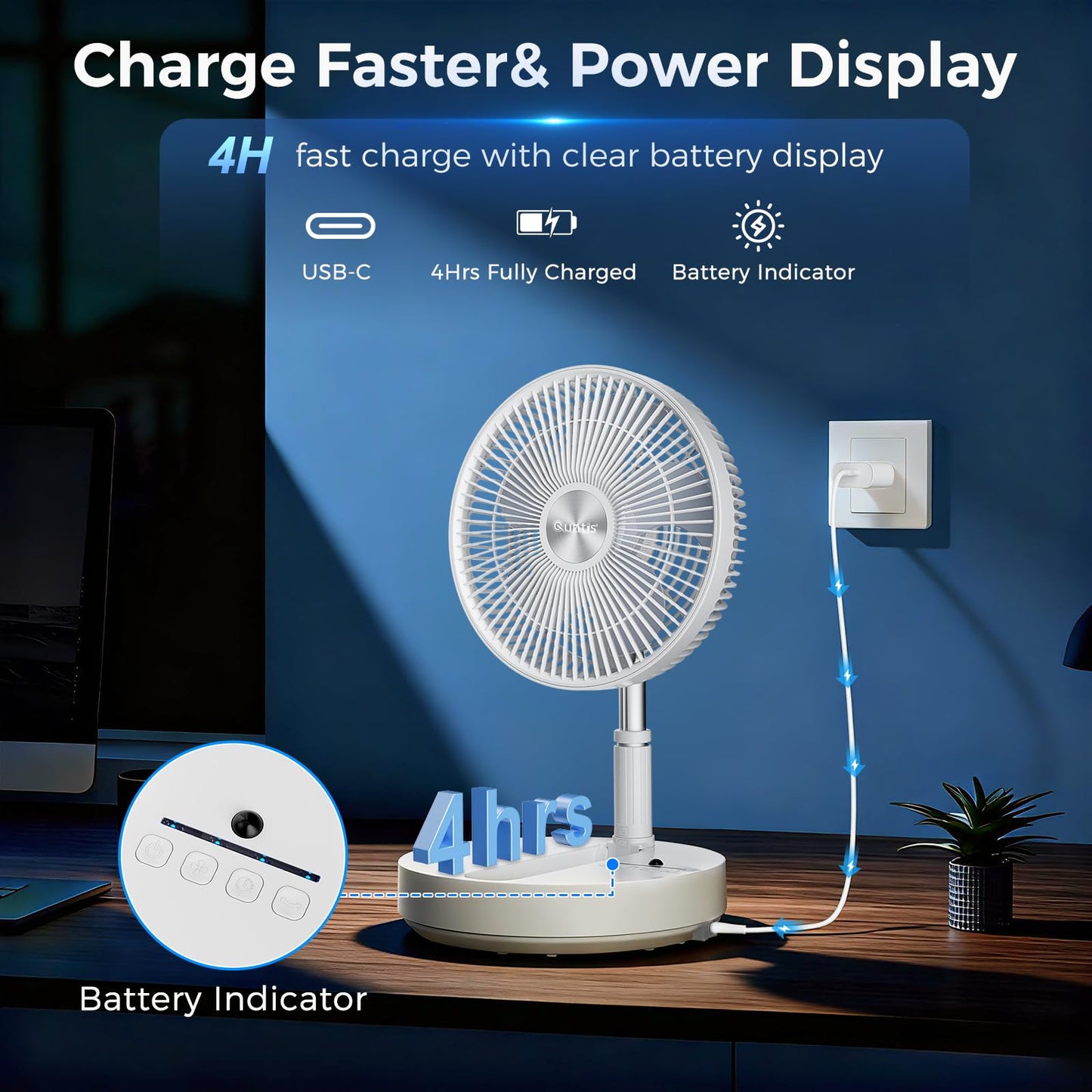 Quntis 10" Foldable Floor Fan with Remote, Rechargeable 3-Adjust Height Standing Fan,Timer & 4-Speed Air Circulation Quiet Oscillating Fan, Portable Pedestal Fan for Home Bedroom Office Travel, White