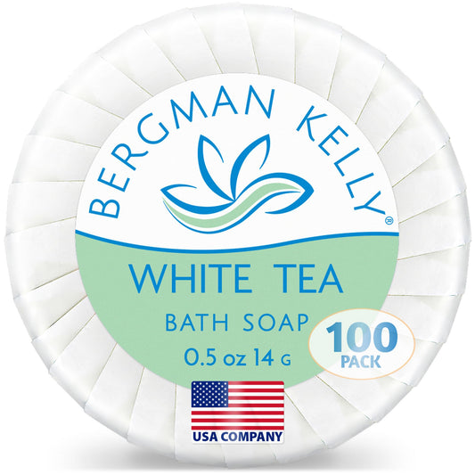 Bergman Kelly - Hotel Soap Bars - White Tea, 14 g, 100 PK - Travel Size Luxury Bulk Amenities Bar Soap - Mini Individually Wrapped Round Soap - Small Toiletries for Airbnb, Motel, Guest Bathroom