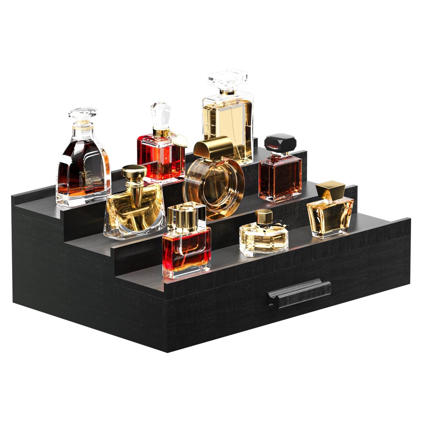 Wooden Cologne Organizer for Men, 3 Tier of Elevated Cologne Display Shelf with Drawer Storage, Perfume Organization and Storage Display Risers,Great Gift for Man (Black)