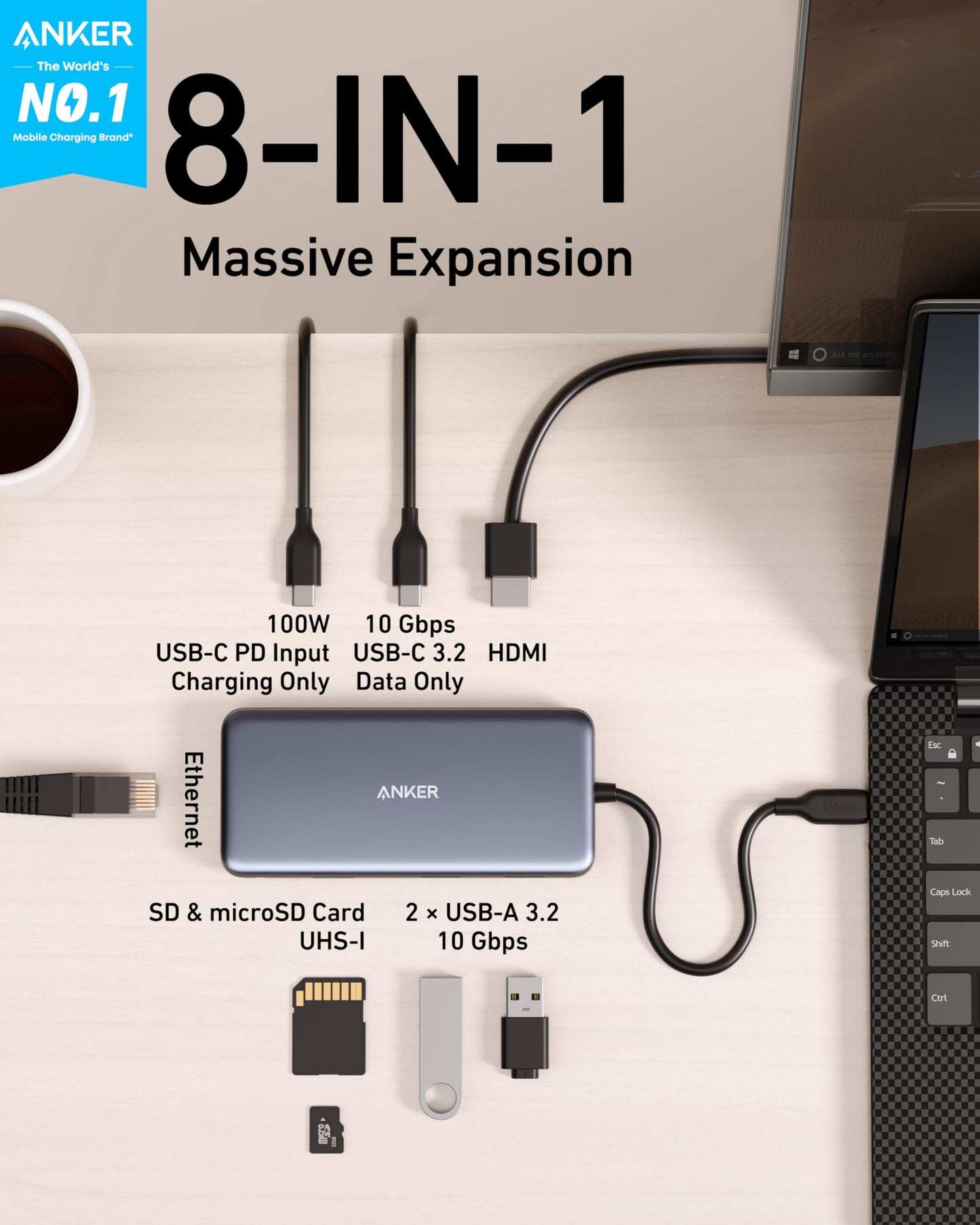 Anker 555 USB-C Hub (8-in-1), with 85W Power Delivery, 4K 60Hz HDMI Port, 10Gbps USB C and 2 A Data Ports, Ethernet microSD SD Card Reader, for MacBook Pro More