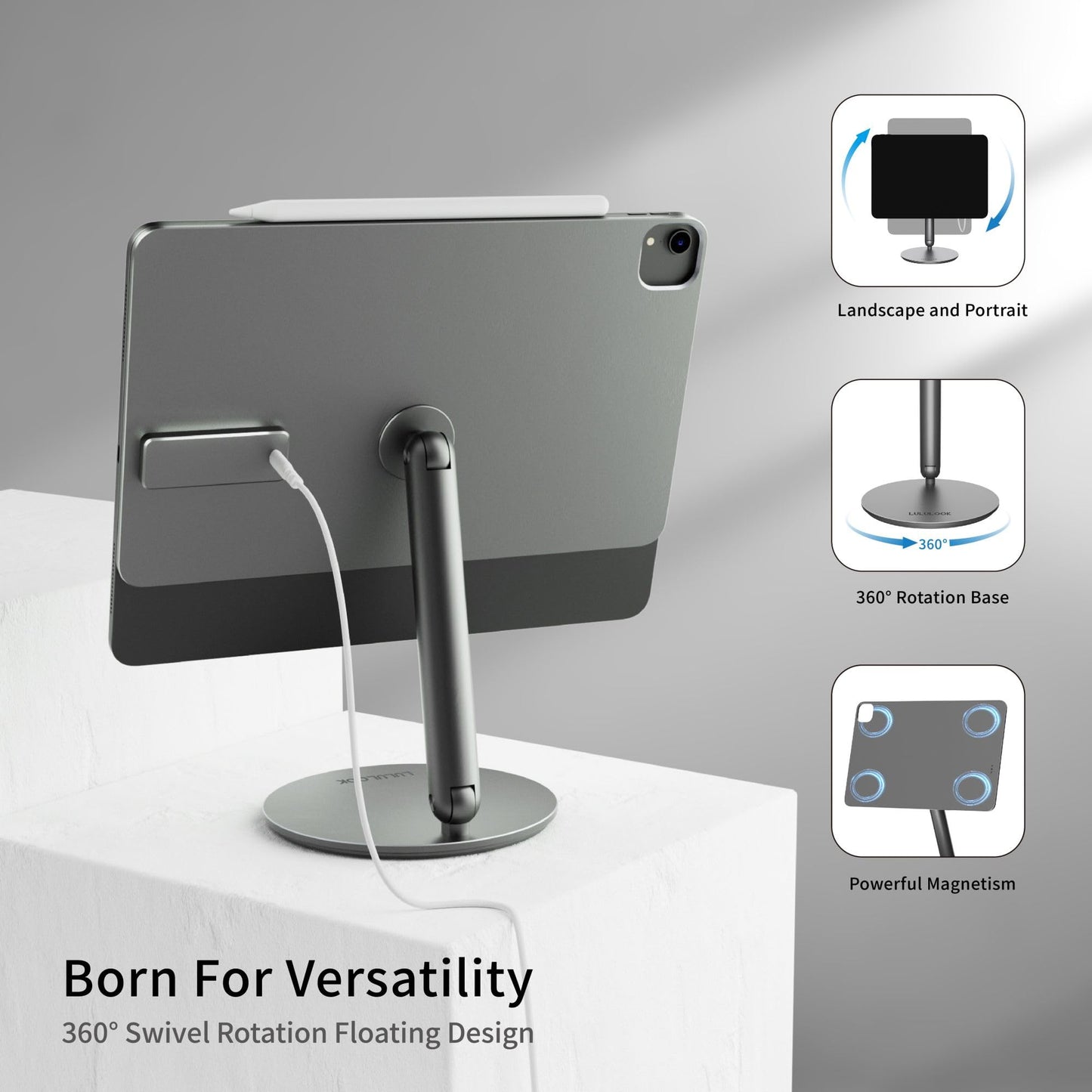 [Upgrade] LULULOOK Wireless Charging Magnetic Stand for iPad Air 13'' M3(2025) M2(2024)/ iPad Pro 12.9" 6th/5th/4th/3rd, 360°Adjustable Foldable Aluminium Tablet Stand for Home, Kitchen, Office
