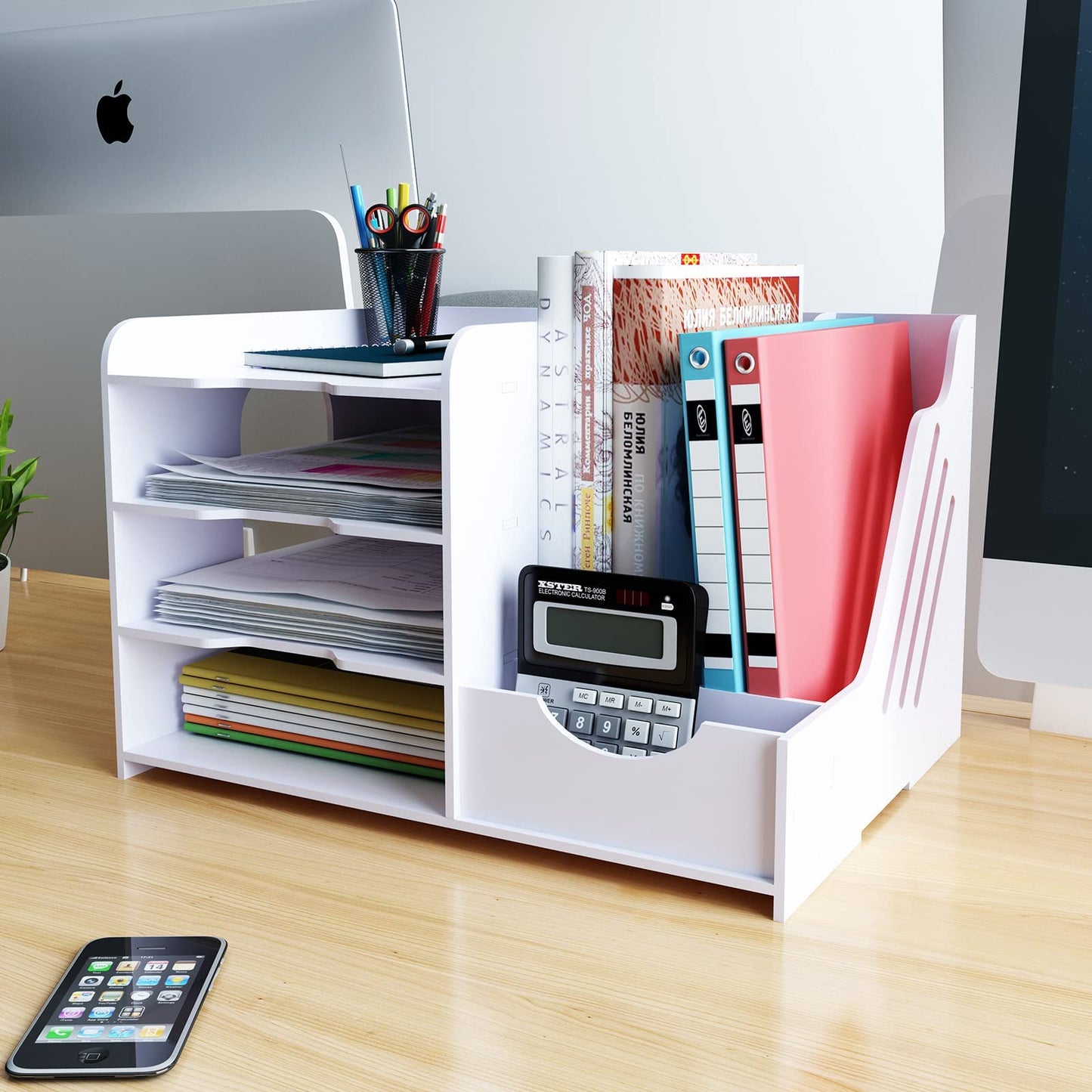 Natwind 4-Tier Office White Desktop Organizer Paper File Rack with Vertical Horizontal File Holder All in One Supplies Storage Box Mail Sorter on Desk Tabletop Binder Folder Letter Trays Study Home