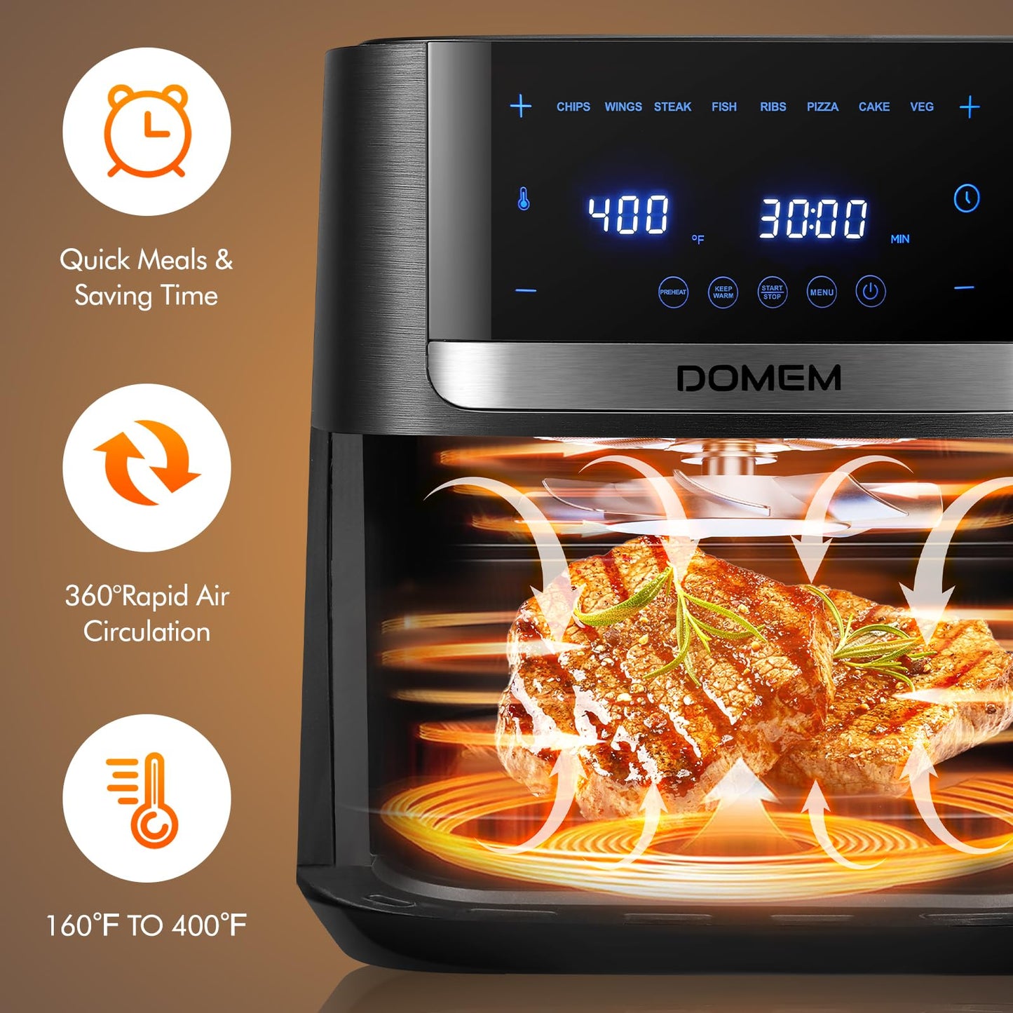 DOMEM Air Fryer 4.2 Qt Oven, 8-in-1 Multicooker with Non-Stick Basket, Air Fryer with Preset Function, Cooker for Healthy and Low-Oil Meals, Convenient Operation