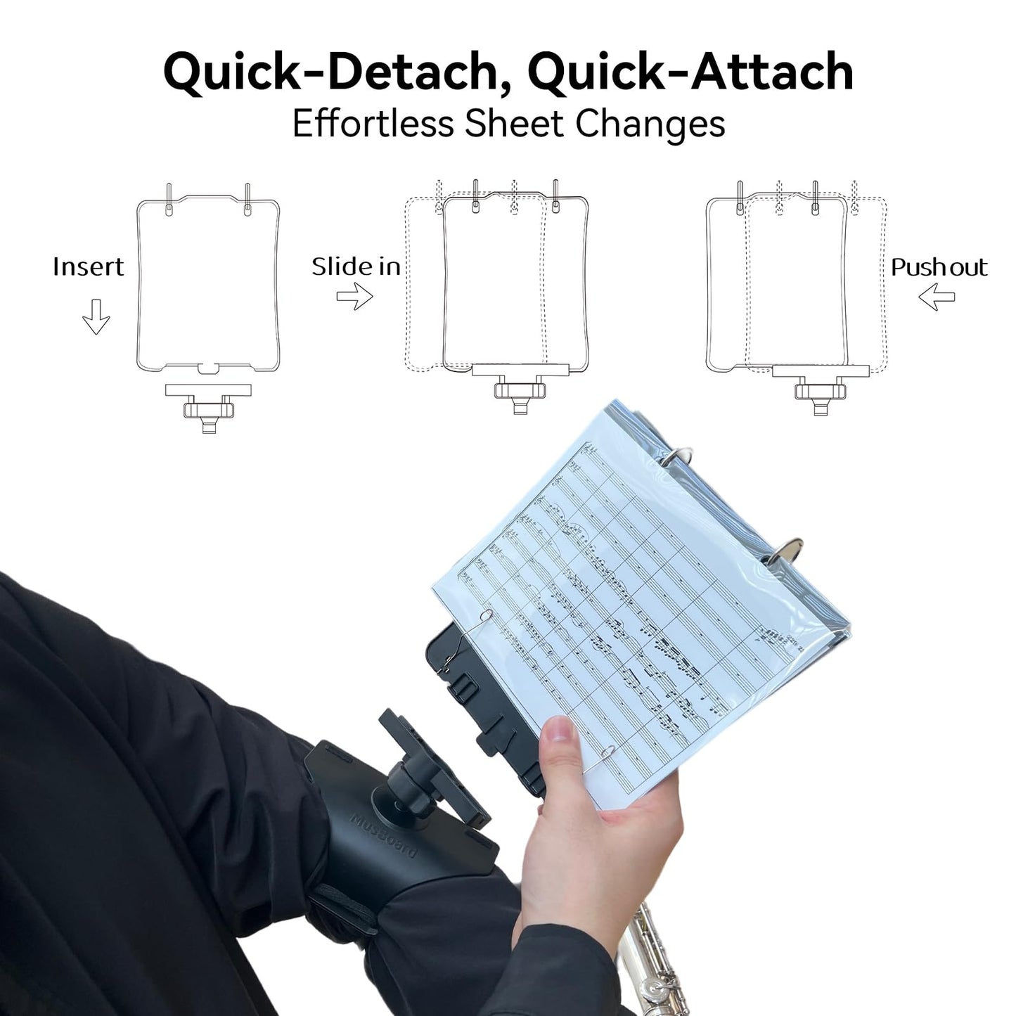 MusBoard Flute Lyre MB-FP10 v2, Adjustable Marching Band Lyre for Flute and Piccolo with Flip Folder, Includes 10 Pieces Double-Sided Folio Pages (Reinforced Version)