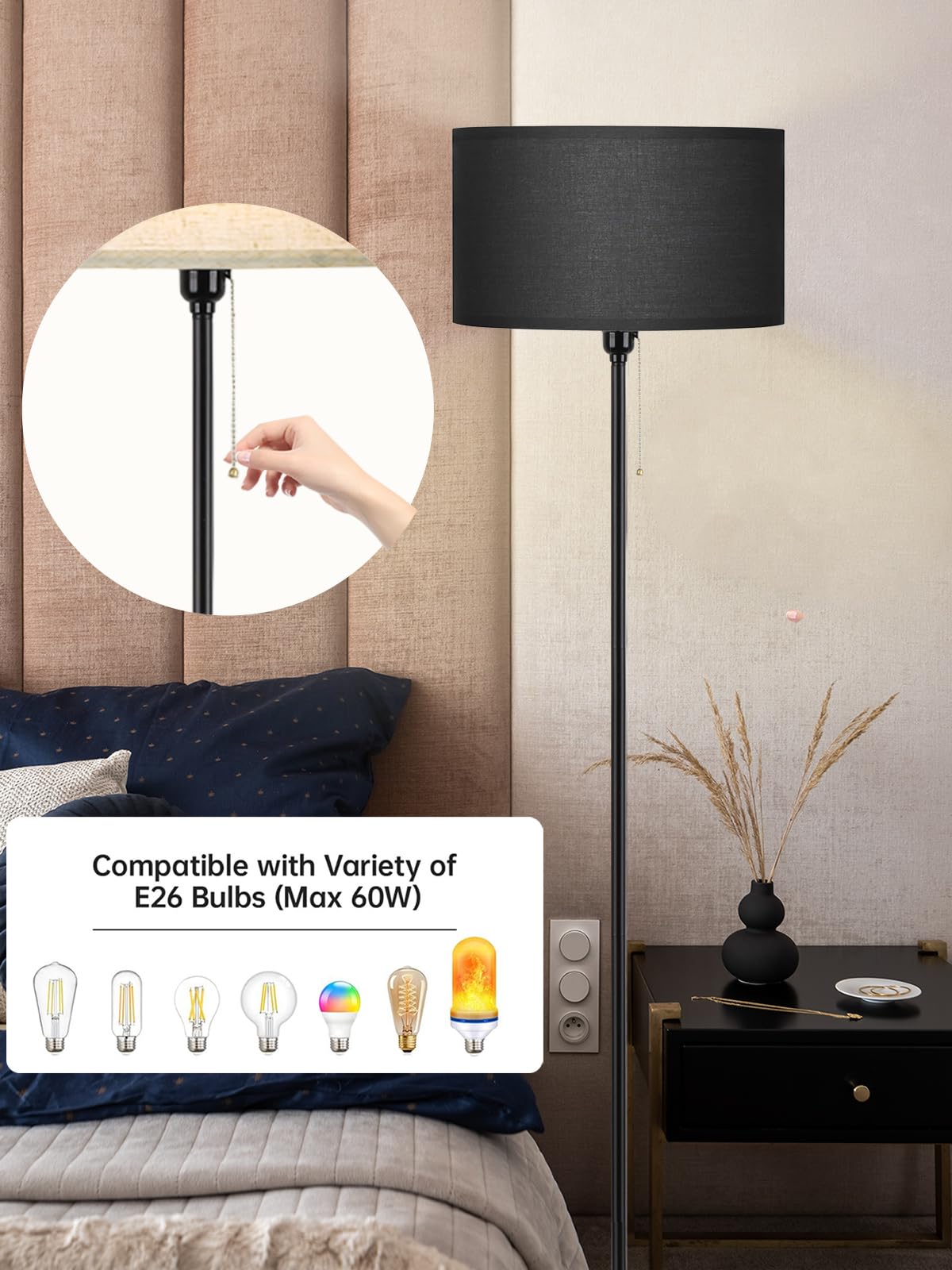 Dimmable Floor Reading Lamps for Living Room Farmhouse Corner Arc Standing LED Modern Floor Lamps, LED Bulb Includes (Black Linen Lampshape)