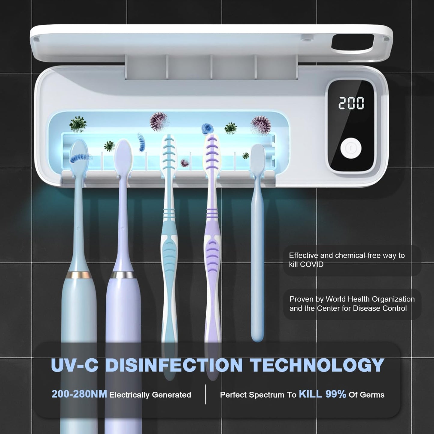 UV Toothbrush Cleaner Holder,5 Slots Wall Mounted Toothbrush Holder for Bathroom,Rechargeable Toothbrush Cleaner Case with Holder for Most Toothbrushes,No Drilling