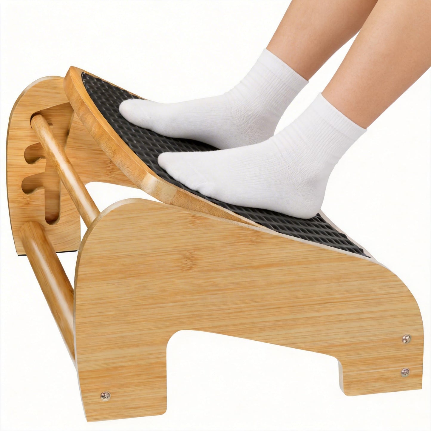 WWMFS Upgraded Under Desk footrest- Bamboo Ergonomic Adjustable Footrest with 3 Height & Angle Settings,Pebble Massage Surface for Improved Posture and Blood Circulation,Home & Office