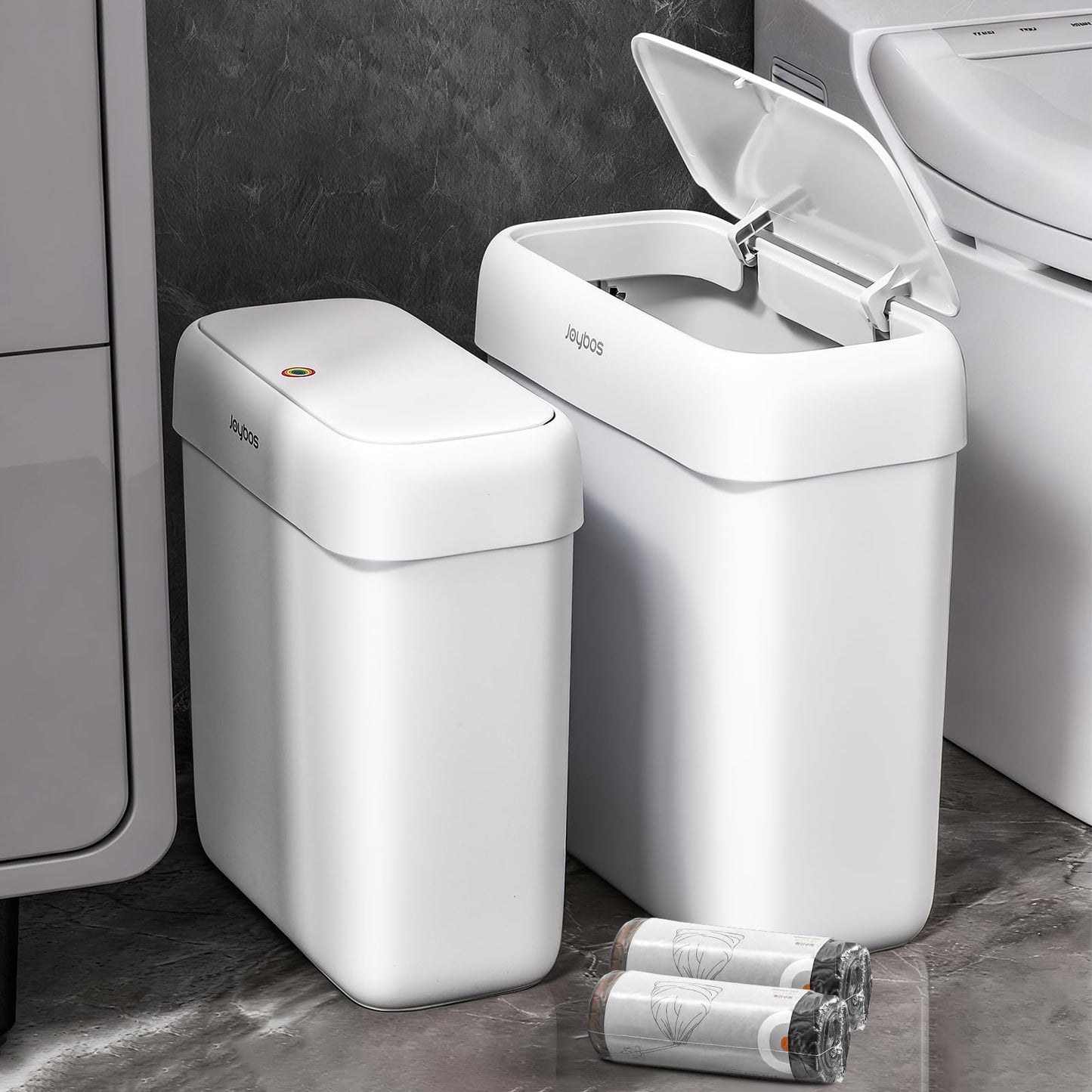 JOYBOS 2 Pack Bathroom Trash Can with Lid, 3 Gal/12 L & 2.7 Gal/10L Garbage Can with Pop-Up Lid,Small Spaces Plastic Trash Can, Slim Trash Bin Waste Basket for Bathroom,Rv, Office, White