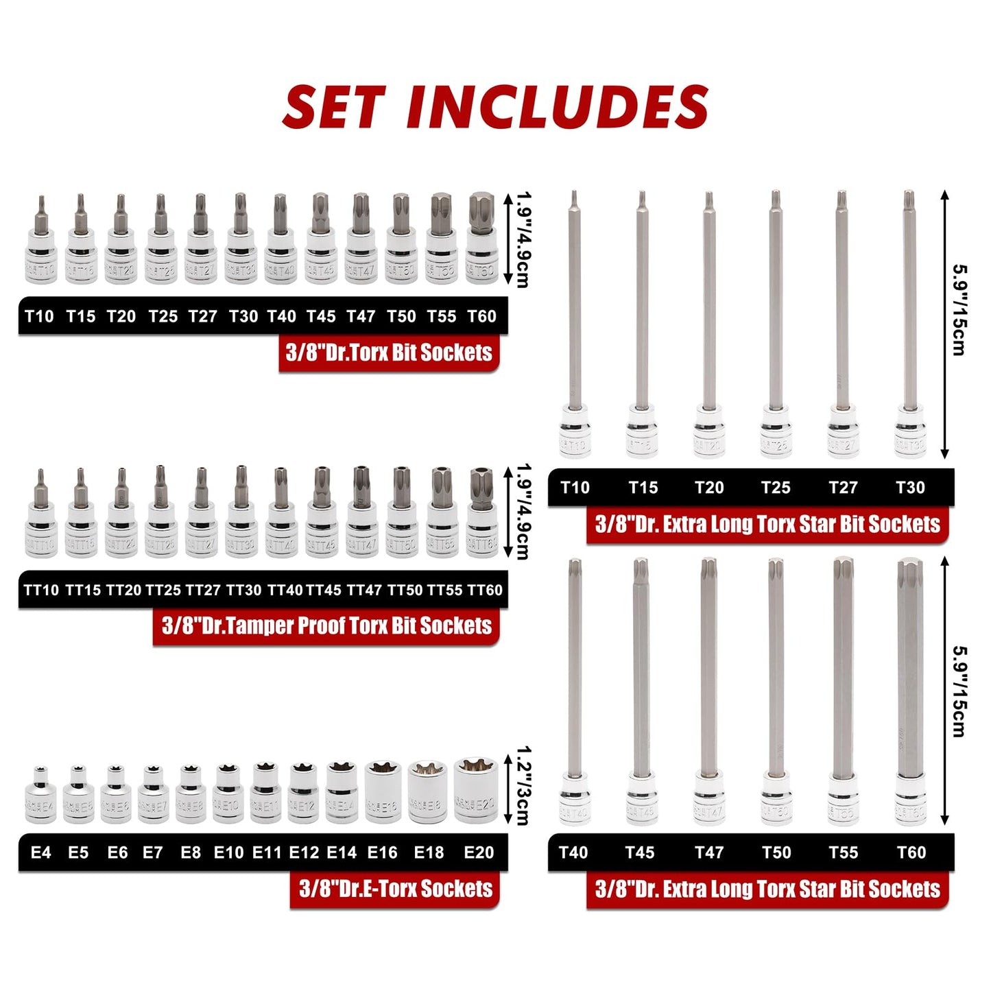 CASOMAN 48-Piece 3/8" Drive Master Torx Bit Socket and External Torx Socket Set, 6-Inch Extra Long, CR-V & S2 Steel