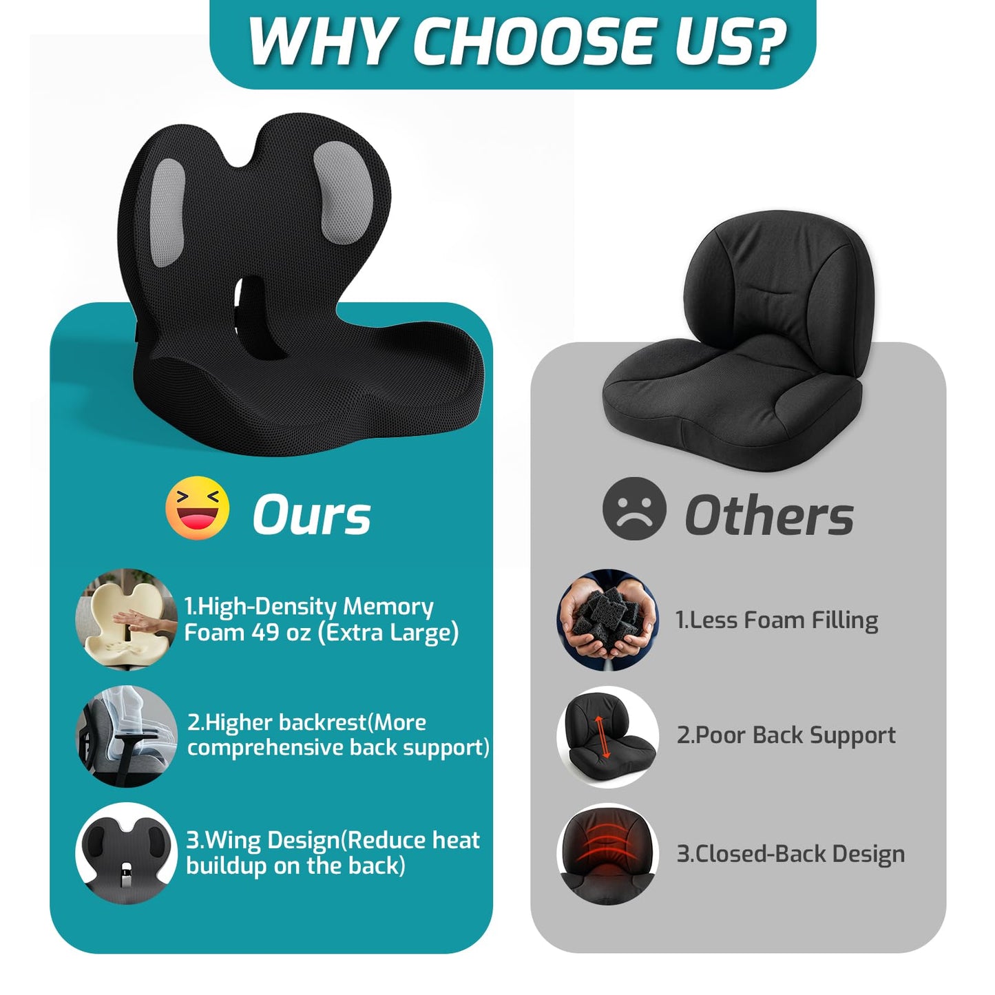 XZdream Memory Foam Seat Cushion,Office Cushion with Lumbar Support for Back Pressure Relief,Truck Seat Cushion with Adjustable Strap,for Car,Truck, Desk (Black+Mesh Cloth)
