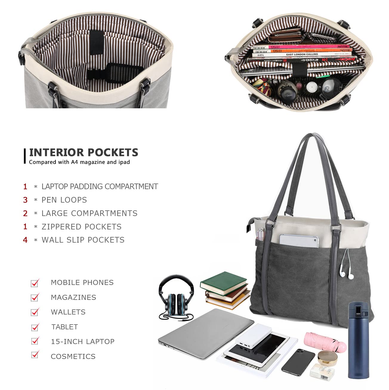 Women Laptop Tote Bag for Work Lightweight Splice Canvas 15.6 Inch Handbag Purse (DarkGray)