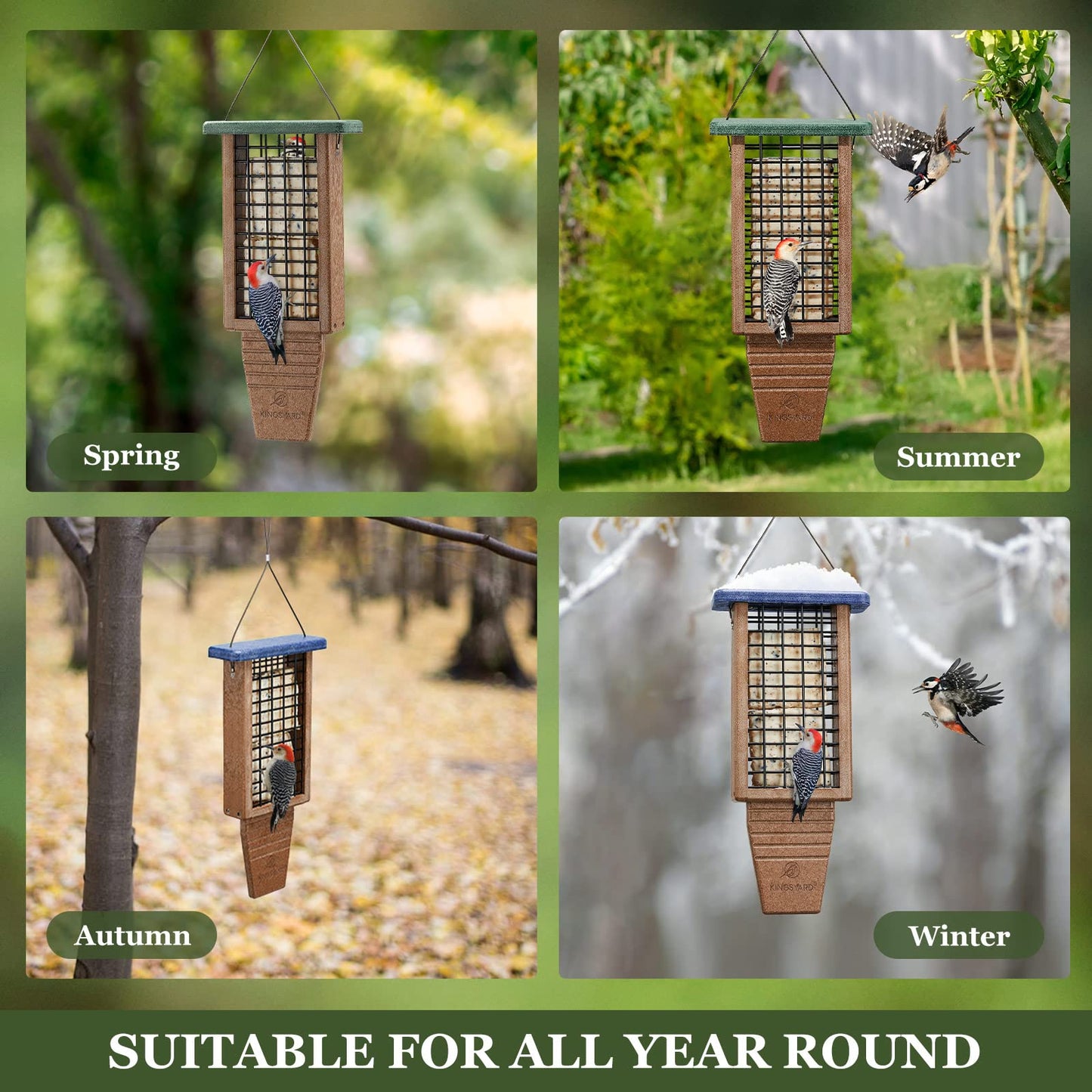 Kingsyard Recycled Plastic Suet Bird Feeder, Tail Prop Double Suet Feeder for Outside, Sturdy & Durable, Great for Woodpecker & Clinging Birds, Blue