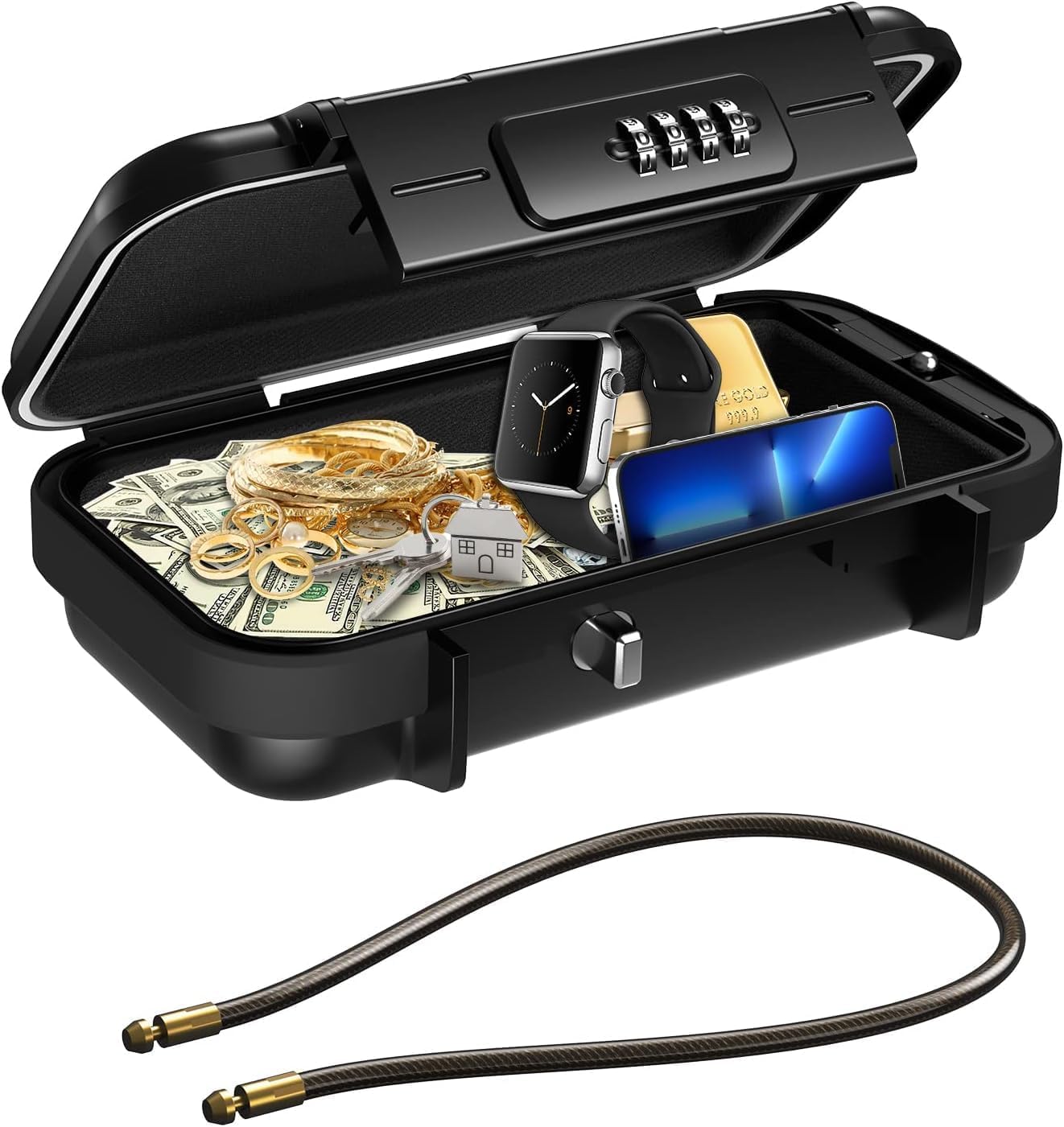 AMIR Travel Safe Portable Lock Box, 4 Digit Combination Lockbox, Cash Box, Waterproof Mini Security Case with Removable Chain, Portable Beach Safe Box for Travel, Beach,Office,Hotel,Cars,Dorms