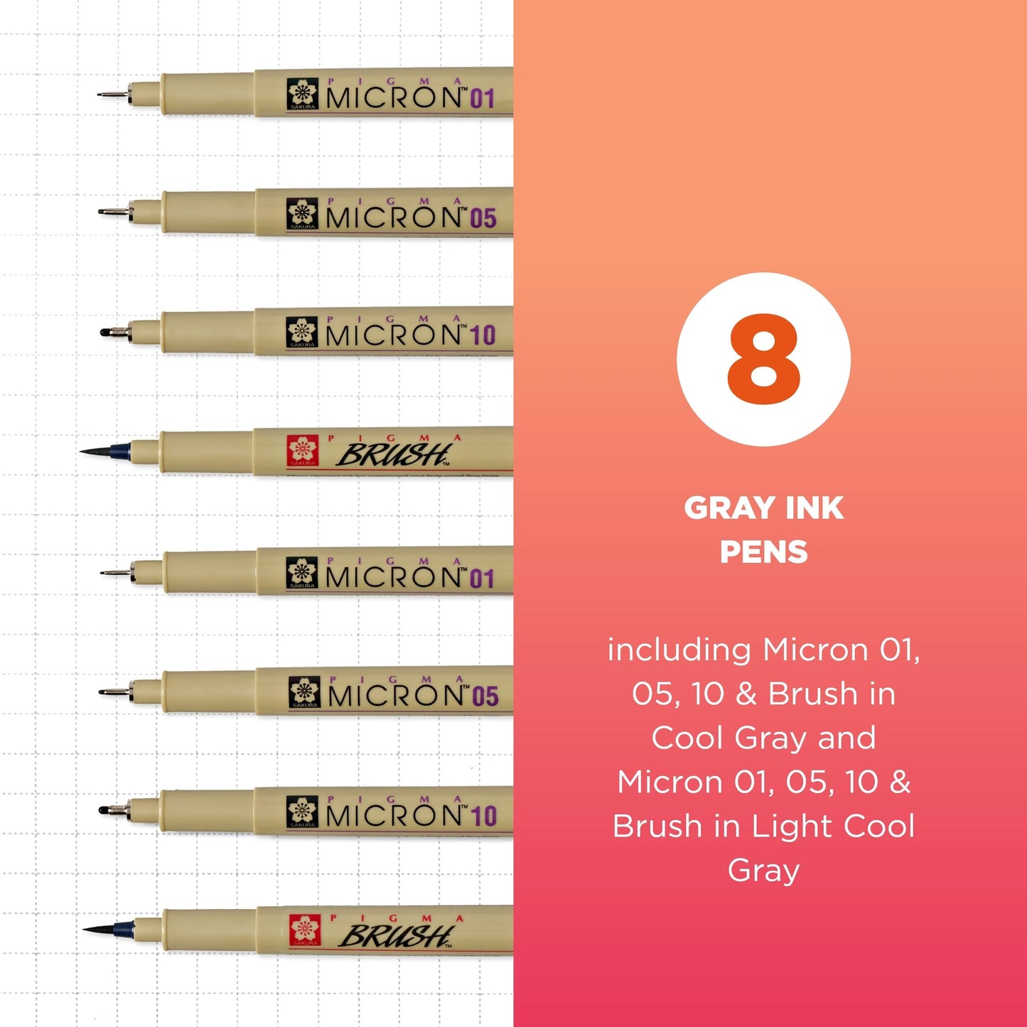 SAKURA Pigma Micron Fineliner Pens - Archival Gray Ink Pens - For Writing, Drawing, or Journaling - Assorted Point Sizes - 8 Pack