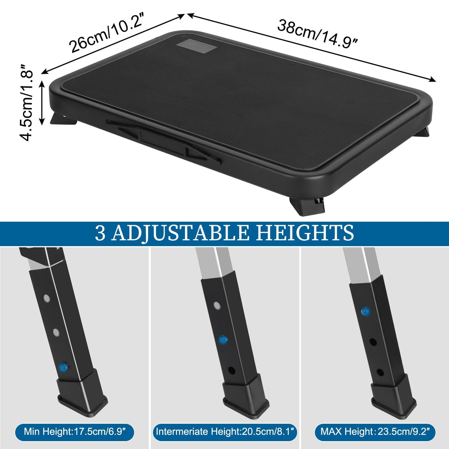 One Step Stool for Adults Folding and Height Adjustable with Non-Slip Rubber Stepping Surface and Portable Handle, RV Steps Stool 330LBS Capacity for Kitchen, Office, Home (Black)