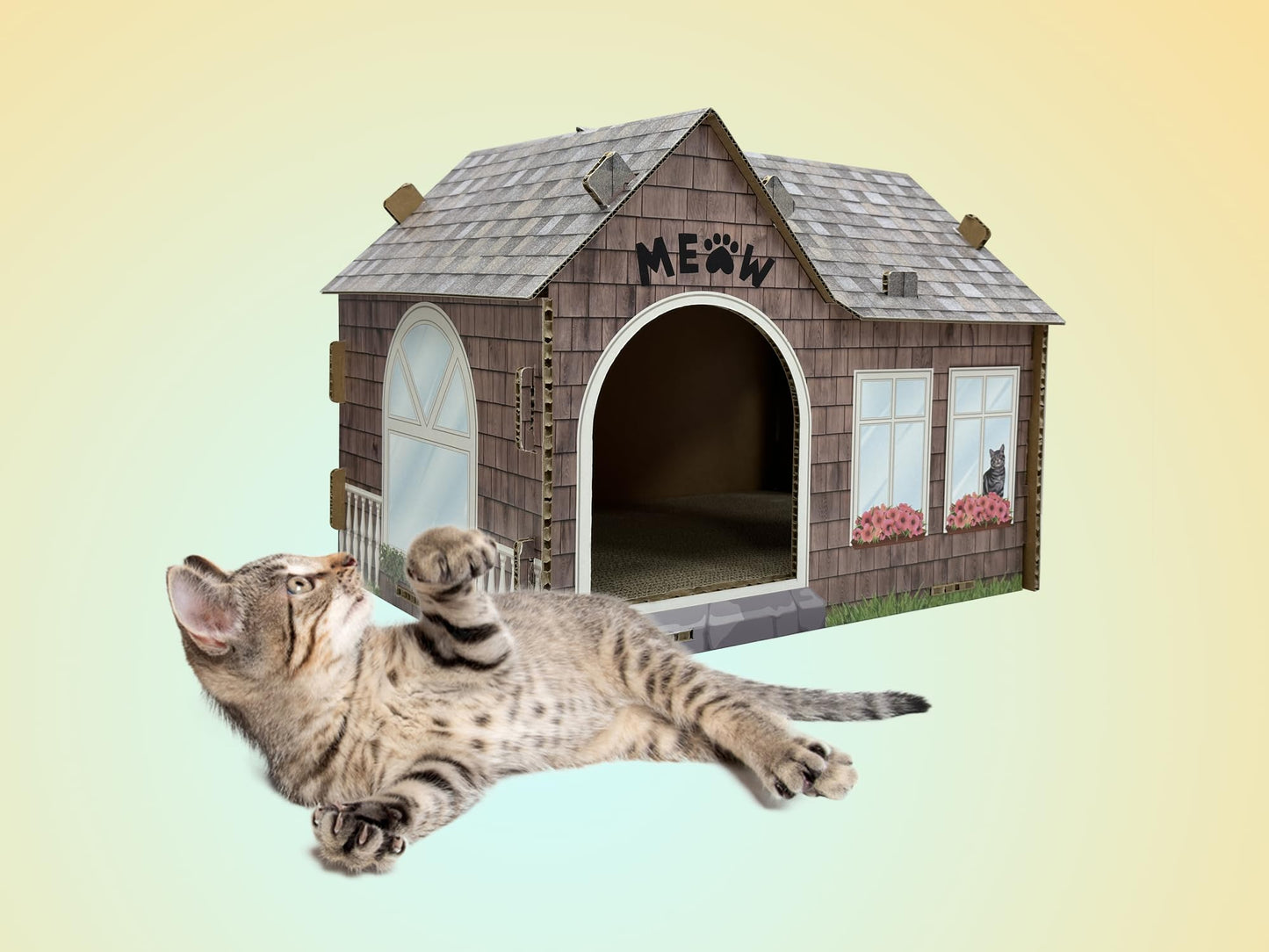 40EAST Cardboard Cat House Hideaway Playhouse with Cat Scratcher Scratching Pad_Cat Haven. (601, CH1, PAA230601)