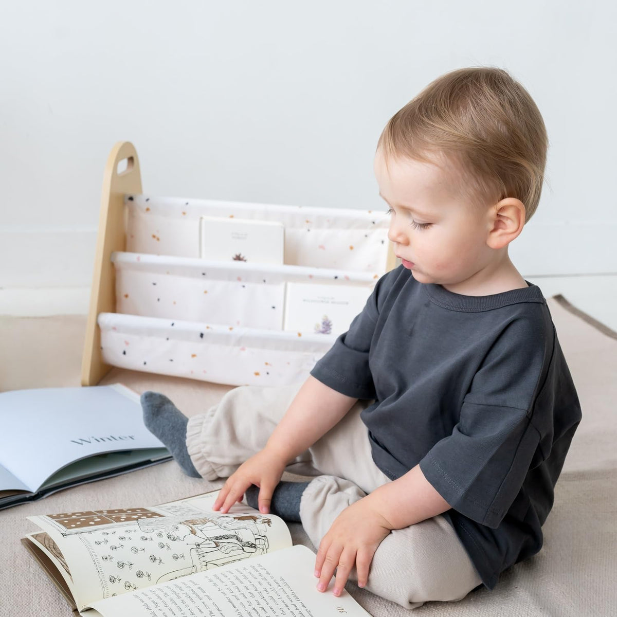 3 Sprouts Kids Portable Bookshelf - Double Sided Toddler Bookshelf for Children - Baby Book Shelf - Toddler Montessori Book Shelf - Small Nursery Bookcase Kids - Bibliotheque Enfant - Terrazzo Cream