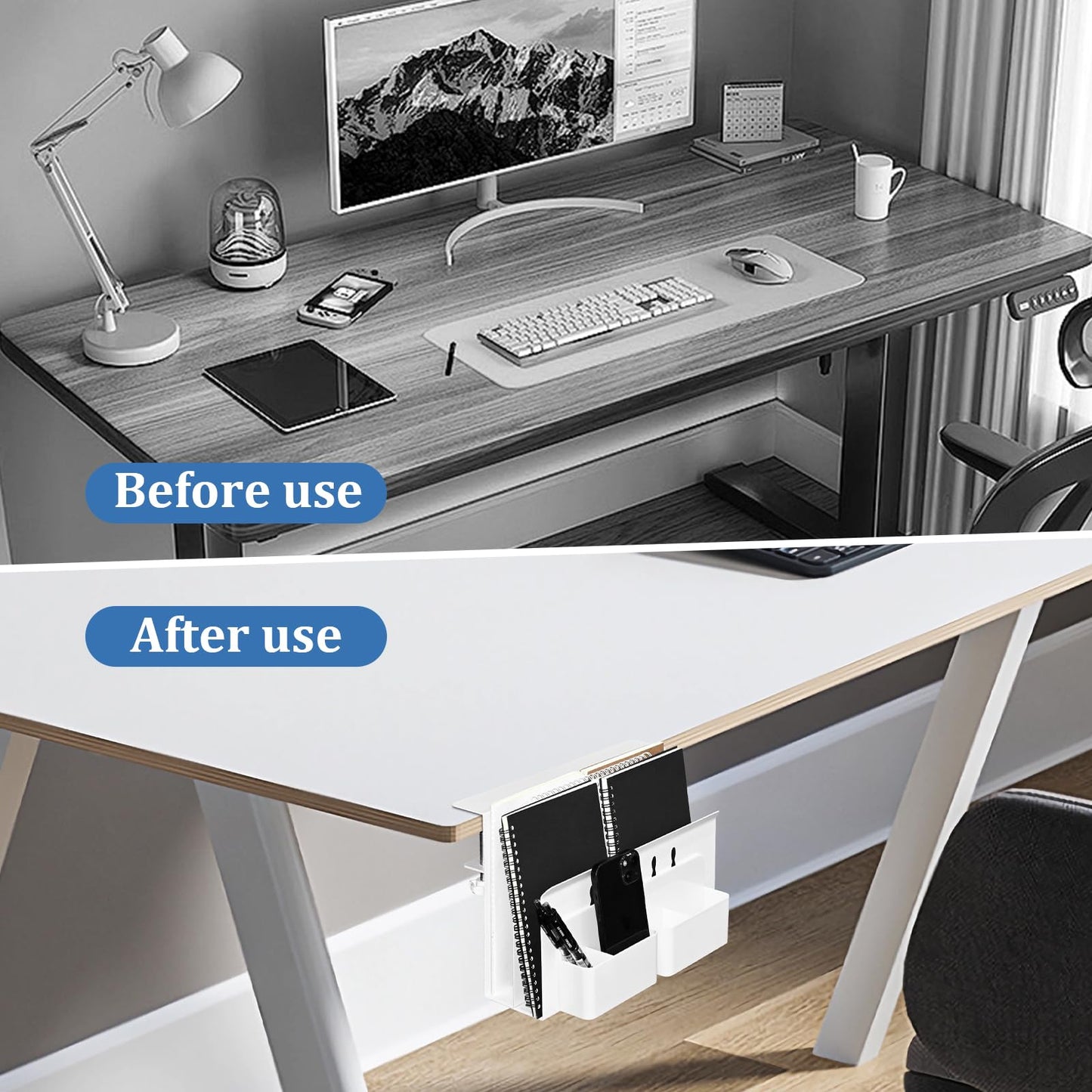 Desk Side Storage, Under Desk Laptop Mount, 2-Tier Table Side Hanging File Organizer, No Drill Clamp On Cable Management Tray, Laptop Holder with Magnetic Pen Holder for Office and Home, Load 22 Lbs