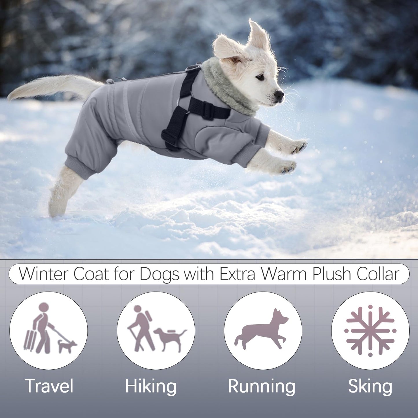 BRKURLEG Grey Dog Winter Coat, Cozy Winter Dog Jackets, Small Dogs Coat with Harness, Onesie Body Warm Puppy Jacket, Pet Reflective Windproof Cold Weather Jackets, Puppy Four-Legged Puffer Coats, S