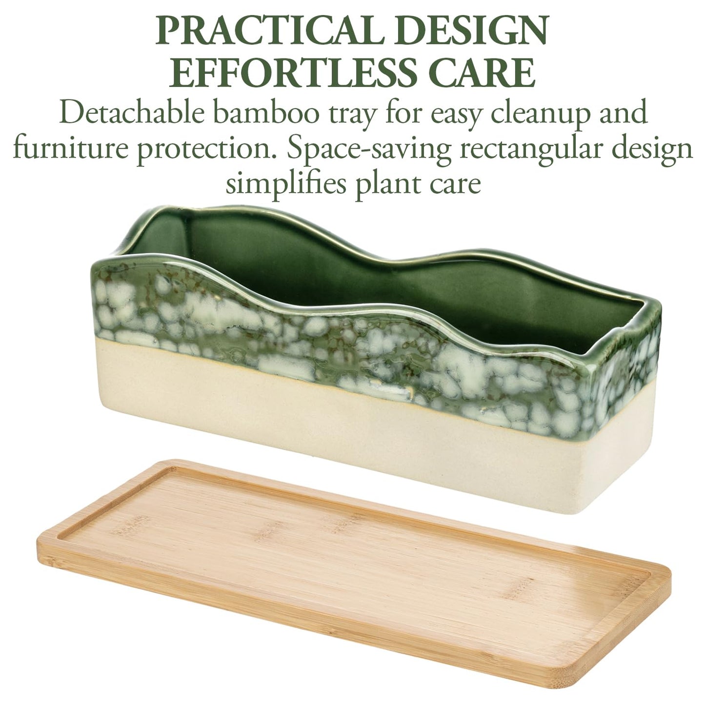 MyGift Rectangular Succulent Planter - Decorative Beige and Green Ceramic Glazed Plant Container Pot with Removable Bamboo Tray