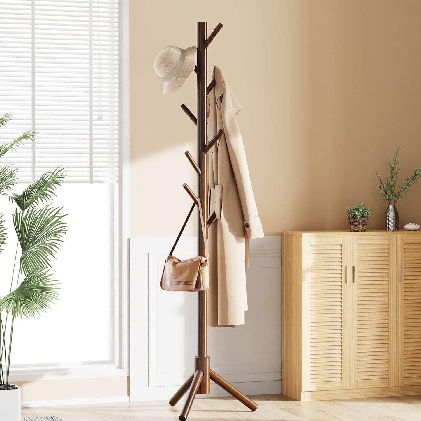 Pipishell Sturdy Wooden Coat Tree with 8 Hooks, 3 Adjustable Sizes for Clothes, Hat Stand Used in Bedroom/Office/Entryway, Brown