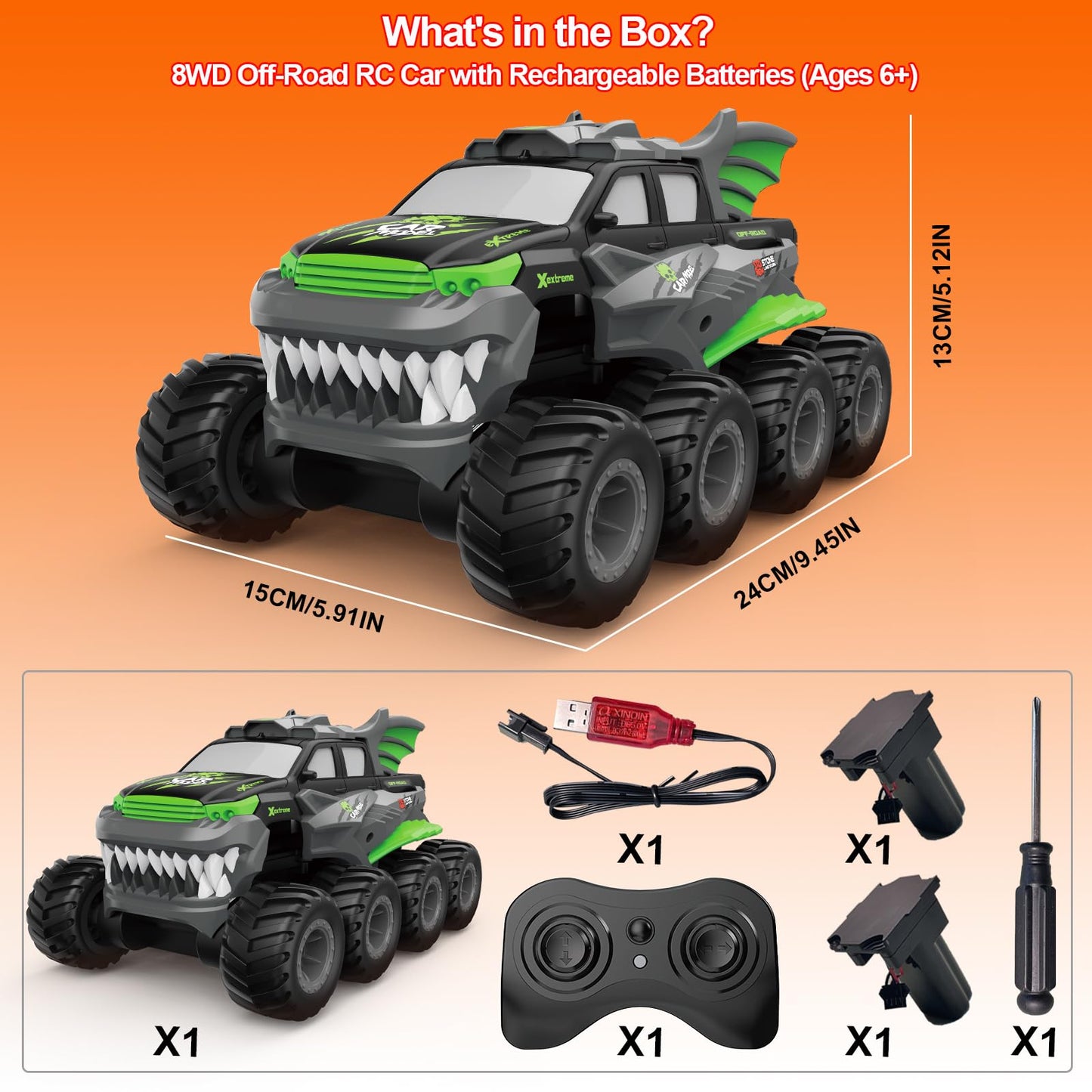 Amphibious Remote Control Car 8WD RC Monster Truck with 2 Rechargeable Batteries for Boys Age 8-12 Offroad Waterproof RC Pickup All Terrain RC Drift Cars Beach Pool Toys Gifts for Kids Green
