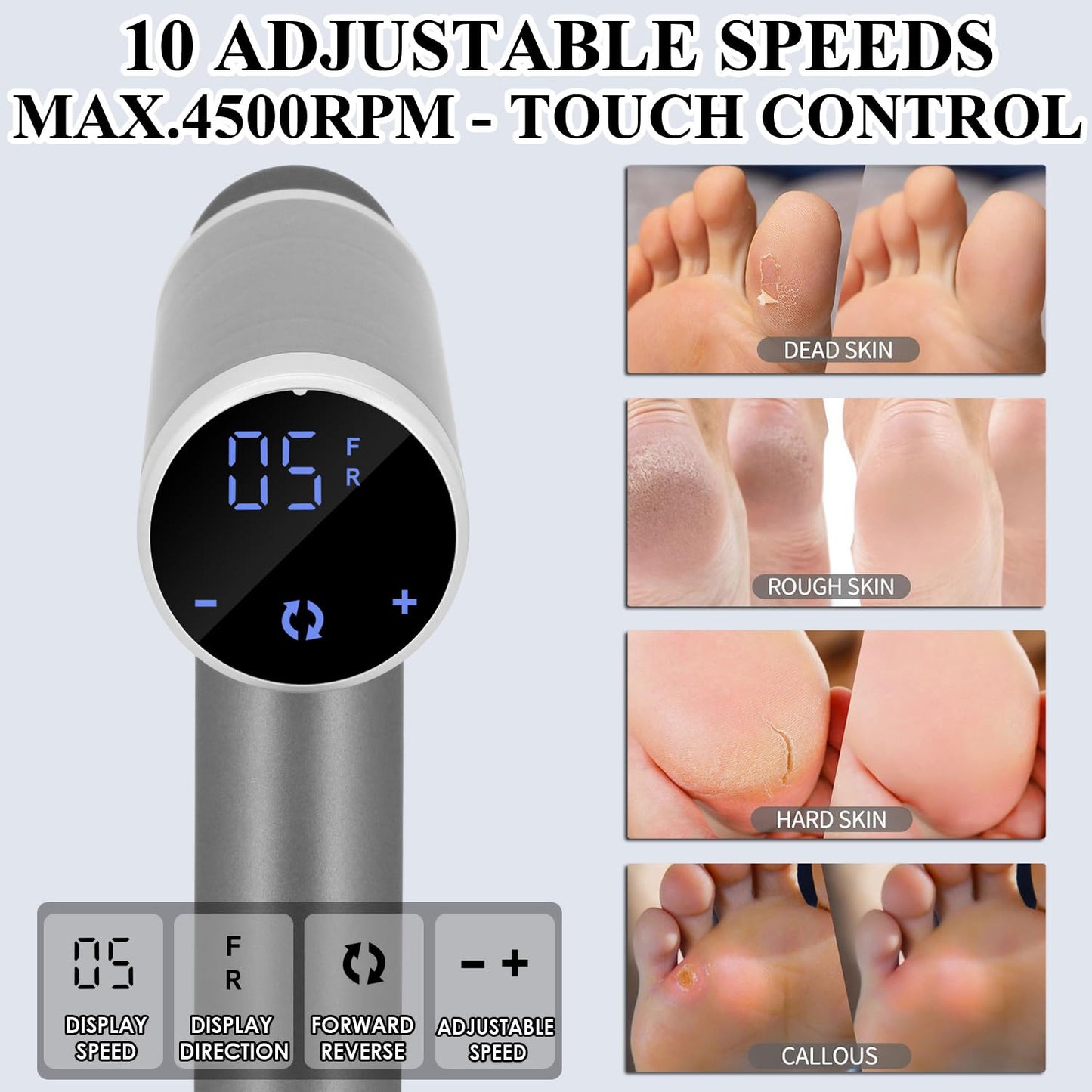 Callus Remover for Feet 4500rpm, Professional Electric Foot Callus Remover Adjustable Speed Foot File Electric Foot Sander Grinder Pedicure Tool Women Men Use (Gray)