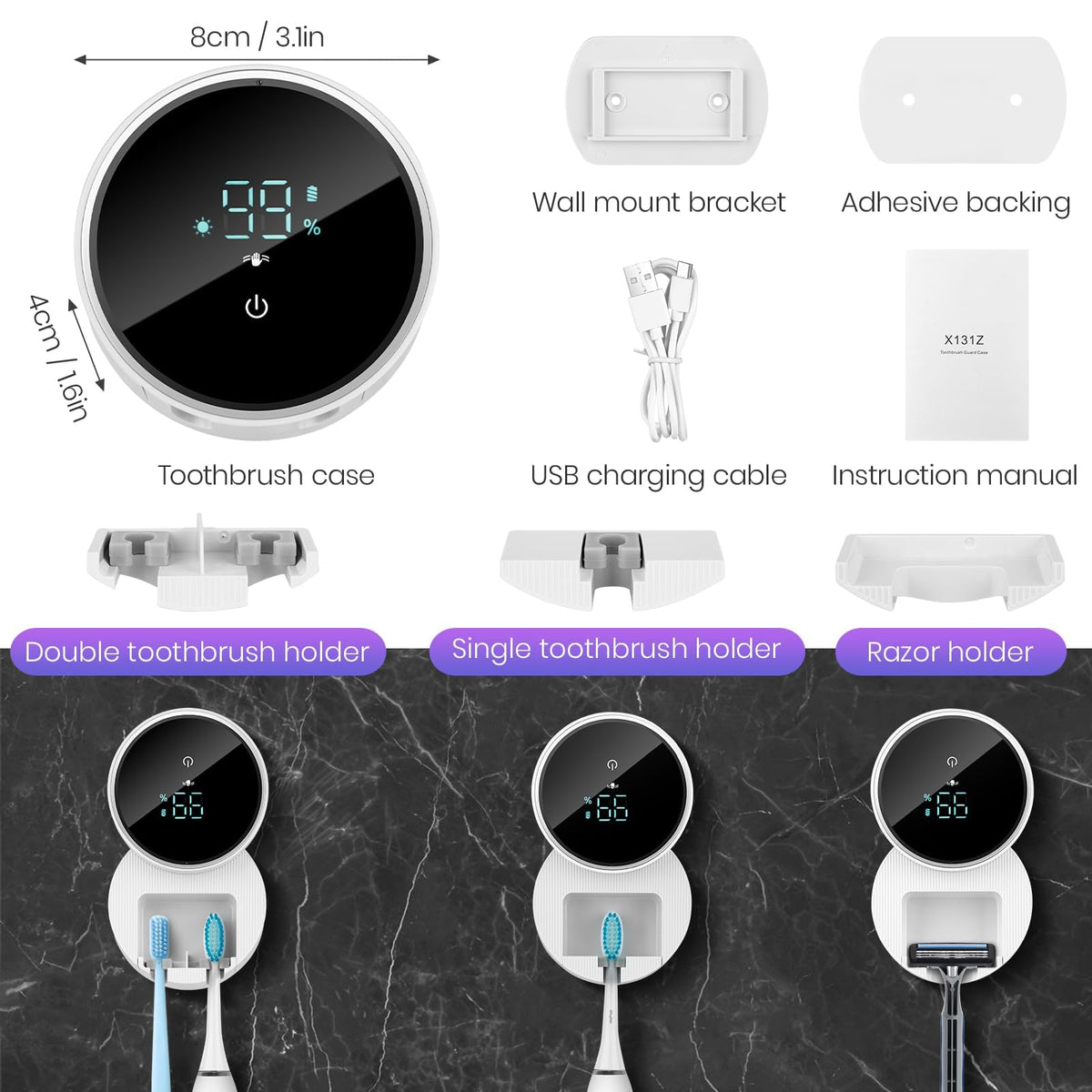 Wall Mounted Toothbrush Holder & Toothbrush Cleaner,Electric Toothbrush Holder, Razor Holder and Cleaner for Bathroom Accessory, with Auto Inductive Open/Close Cover, Clean, Dry for Home, Travel