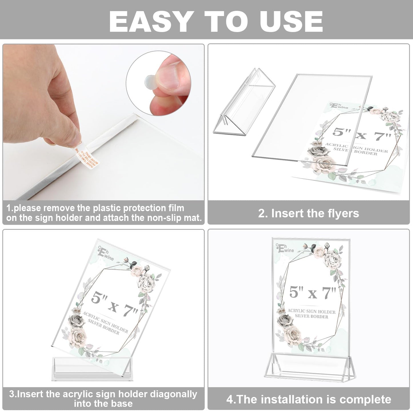 EHWINE 12 Pack Acrylic Sign Holder 5 x 7, Double Sided Silver Picture Frame Stand up Table Top Sign Holders, Clear Display Stand Menu Flyer Holder for Wedding Party (Provide Non-slip Mats)