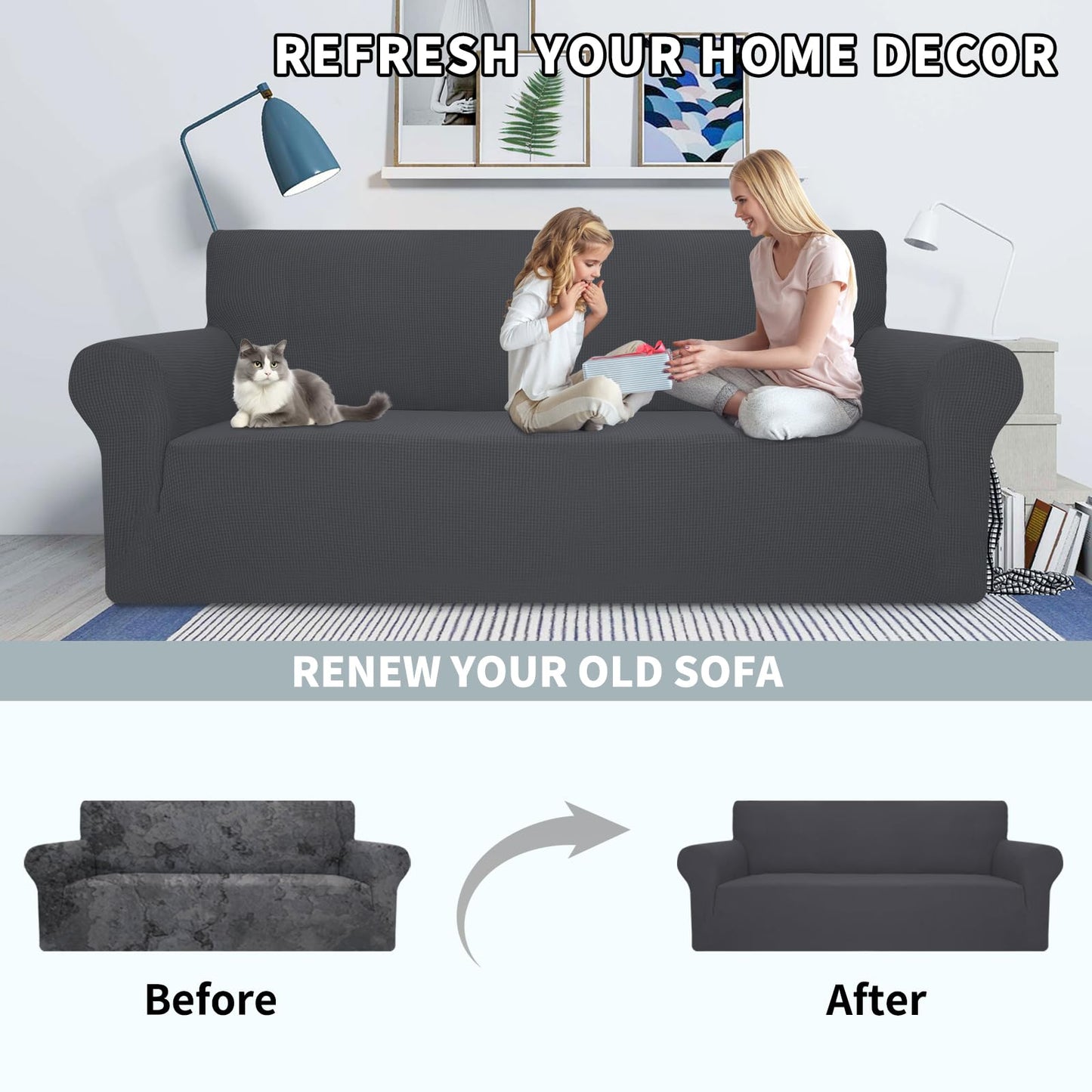 MAXIJIN Super Stretch Couch Cover for 3 Cushion Couch, 1 Piece Universal Sofa Covers Living Room Jacquard Spandex Furniture Protector Dogs Pet Friendly Fitted (Large, Gray)