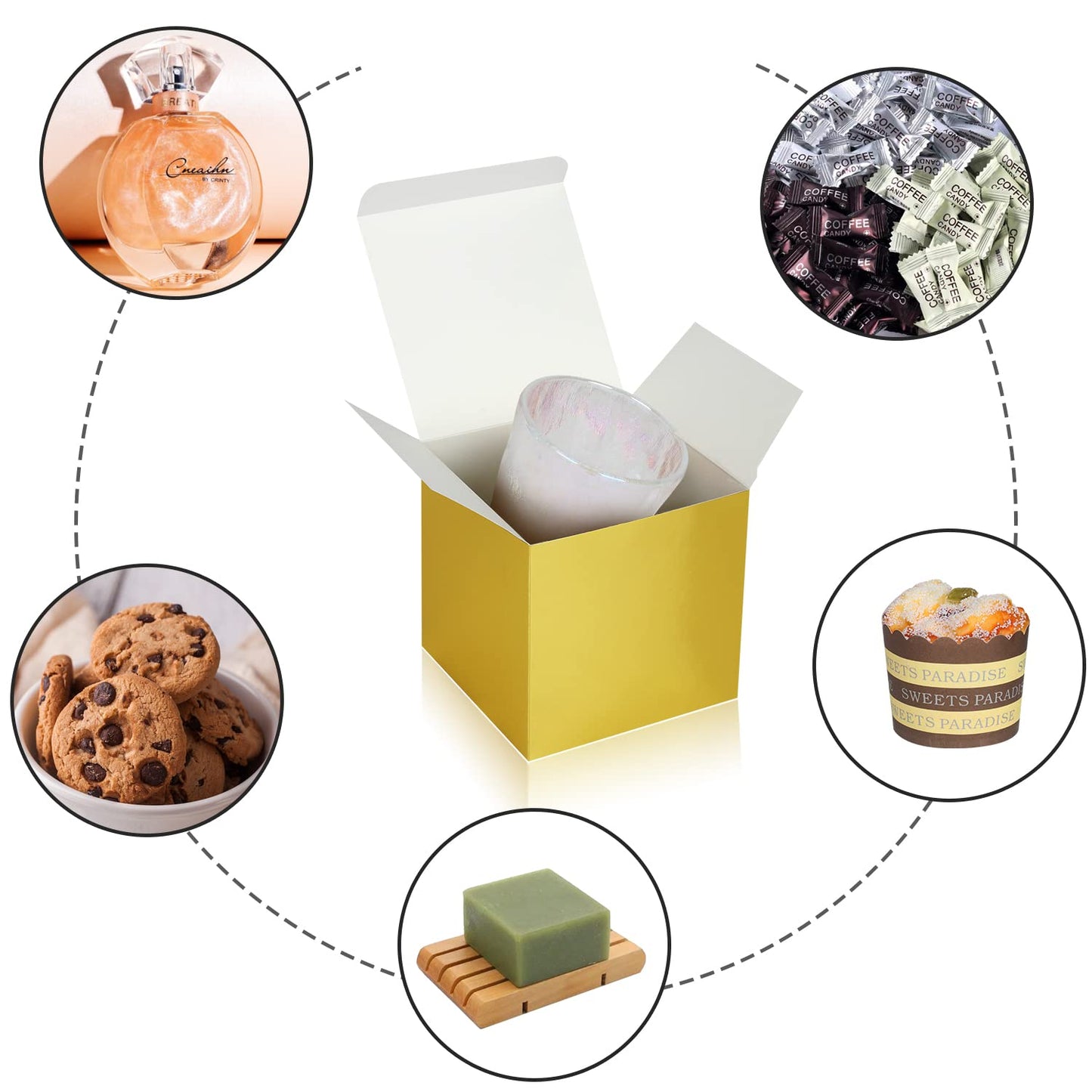DOYIDE 100 Pack Small Gift Boxes, 4x4x4 Inches Favor Boxes Gold Paper Gift Boxes with Lids for Presents, Crafting, Cupcake Boxes, Gifts, Candy Boxes for Wedding Party Bridal Shower Baby Shower Favors