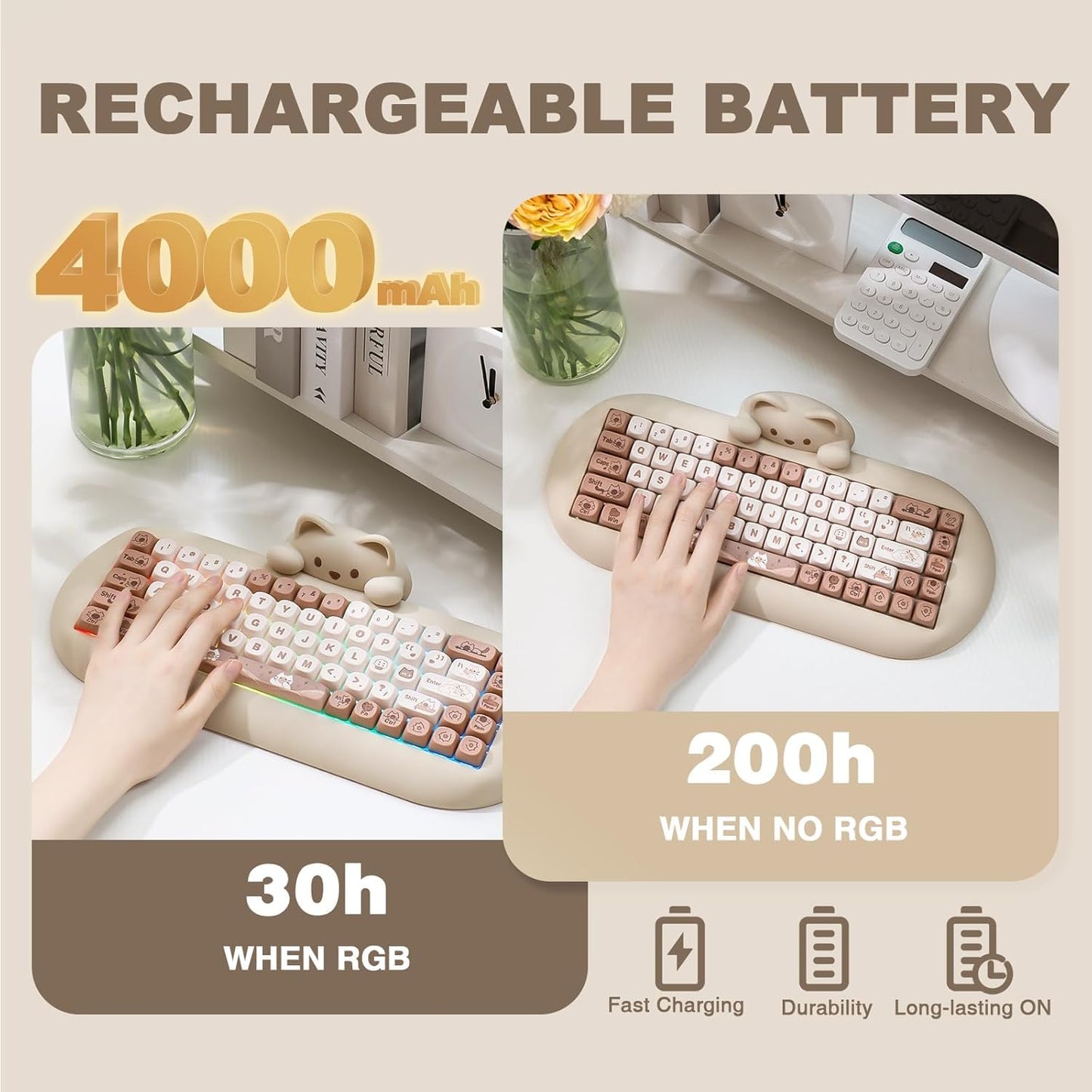 YUNZII C68 Wireless Mechanical Keyboard,65% Layout,Hot Swap,Triple Mode BT5.0/2.4G/Wired, RGB Backlit NKRO,Cute Cat Silicone Ergonomic Design for Win/Mac (Milk Switch,Brown)