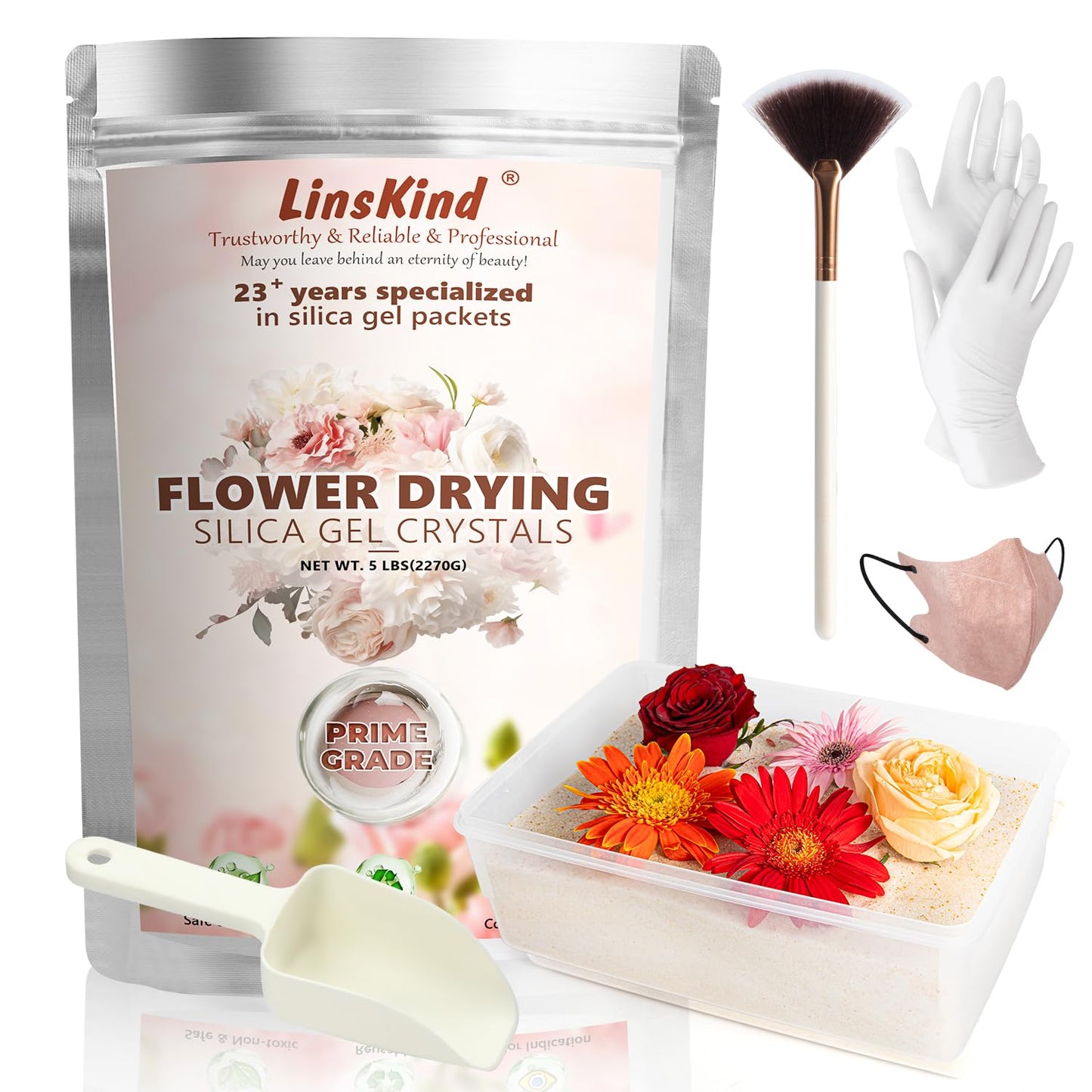 LinsKind Flower Drying Silica Gel Crystals with Container Brush, 5LBS Silica Gel Flower Drying Fine Crystals, Color Indicating Flower Drying Wedding Bouquet Flower Preservation Kit for Resin Mold