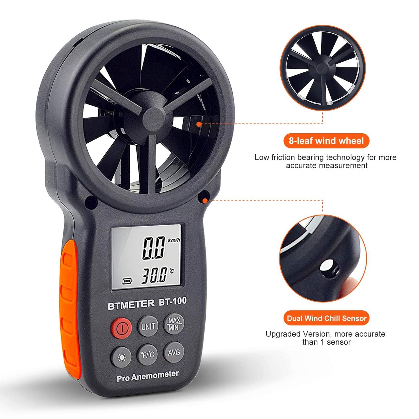 BTMETER Wind Speed Gauge Meter BT-100 Anemometer Portable Digital 14℉-113℉ Temperature Air Velocity Wind Chill Temperature Measurement Backlight Accurately Measuring
