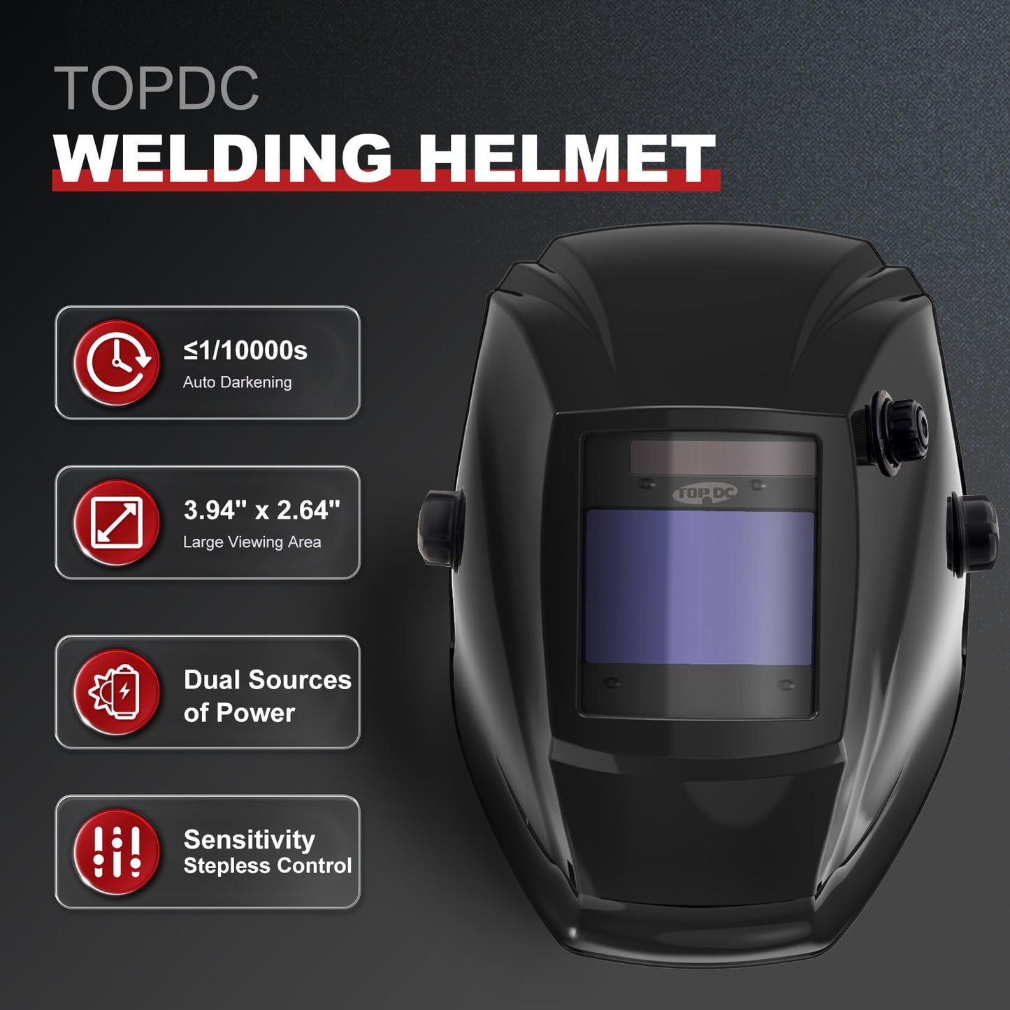 TOPDC Large Viewing Screen 3.93'X2.63' Solar Power Auto Darkening Welding Helmet with Optical Class 1/1/1/2, Shade Range 4/5-9/9-13 with Grinding Feature for TIG MIG MMA Plasma