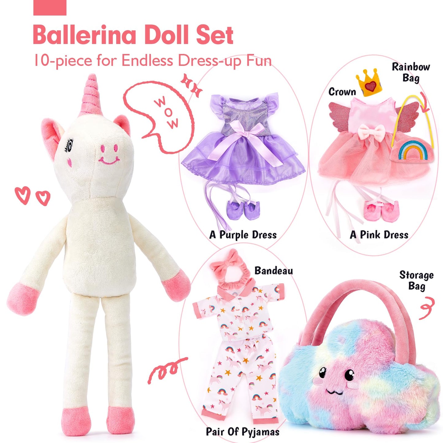 Unicorns Toys for Girls Age 4-6 Ballerina Doll Stuffed Animal Girl Toys Age 4-5 Ballet Dress up Doll 3 Set Clothes with Plush Bag 4 Year Old Girl Birthday Gifts 5 Year Old Girls Easter Basket Stuffers