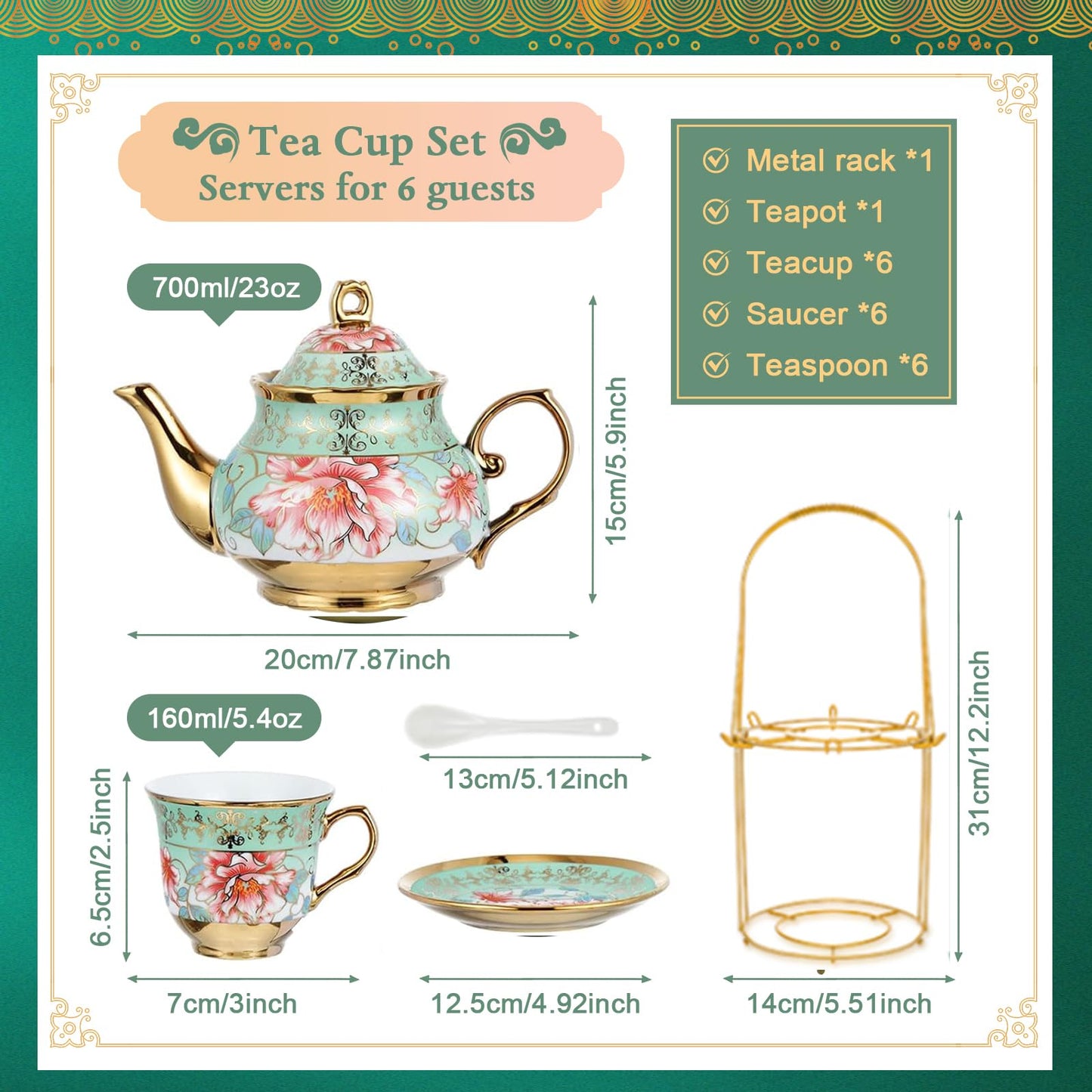 20 Pcs Porcelain Tea Set with Metal Holder, Adult Tea Sets Gift, European Ceramic Tea Set for Adults, Flower Tea Cup Saucer Set for Party with Gold Flower Painting (Fresh Green)