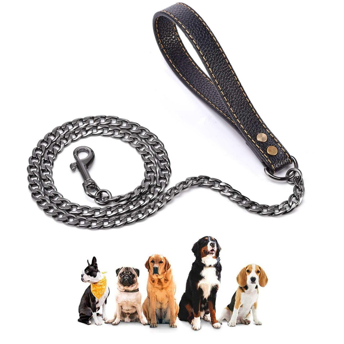 Fully Welded Black Steel Dog Leash with Leather Handle,Metal Dog Leash,4FT,316L Stainess Steel Strong Dog Pet Chain for Large Medium Small Dogs (4FT, Black)