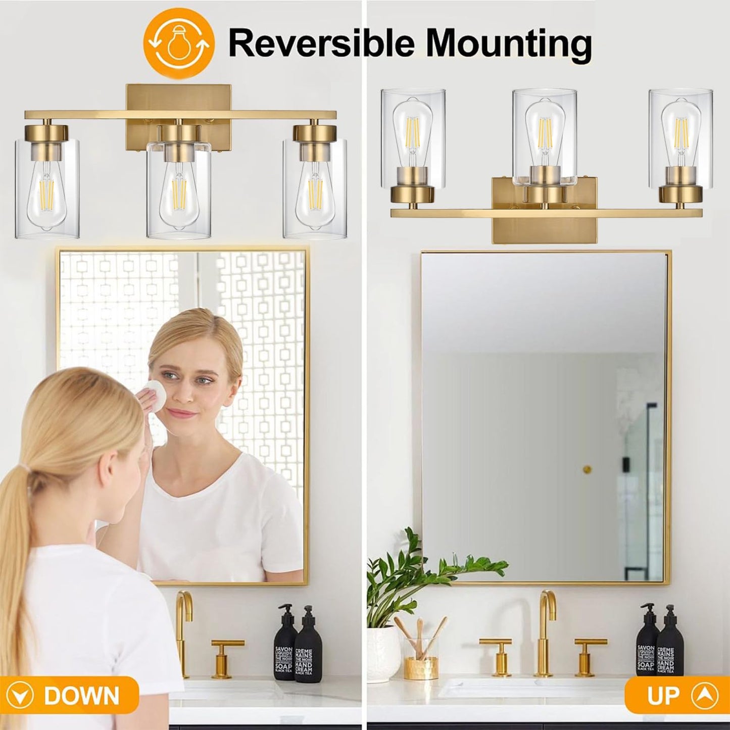 A1A9 3-Light Bathroom Vanity Light, Modern Brushed Gold Wall Lights with Clear Glass Shades, Bathroom Wall Sconce Lamp for Mirror Living Room Bedroom Hallway